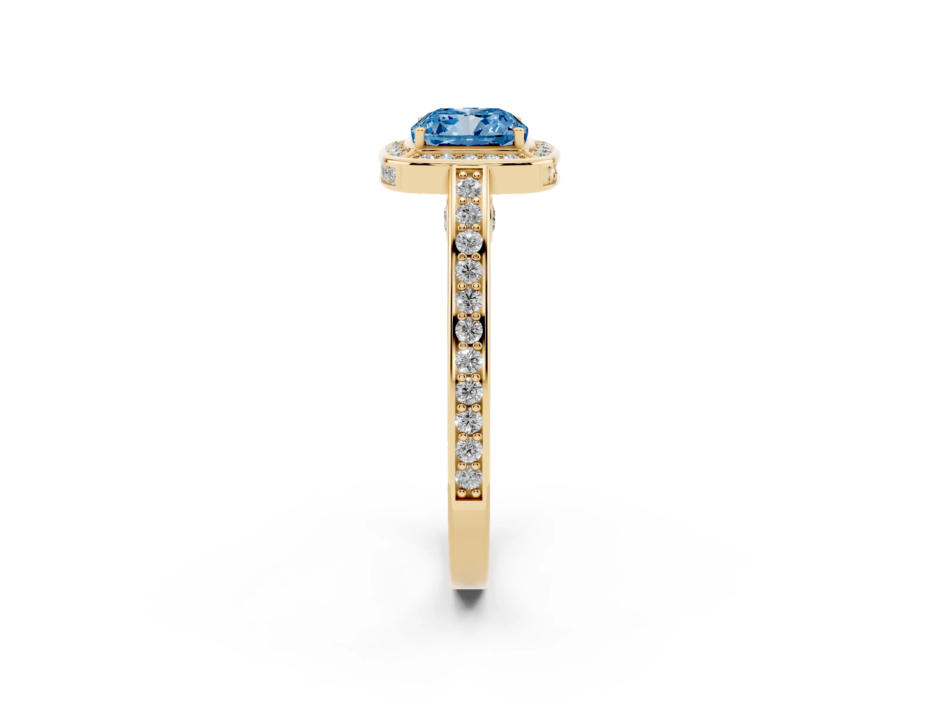 Fancy Blue Cushion Cut Diamond Halo Pavé Split Shank Ring Set in Yellow gold with Prong Setting