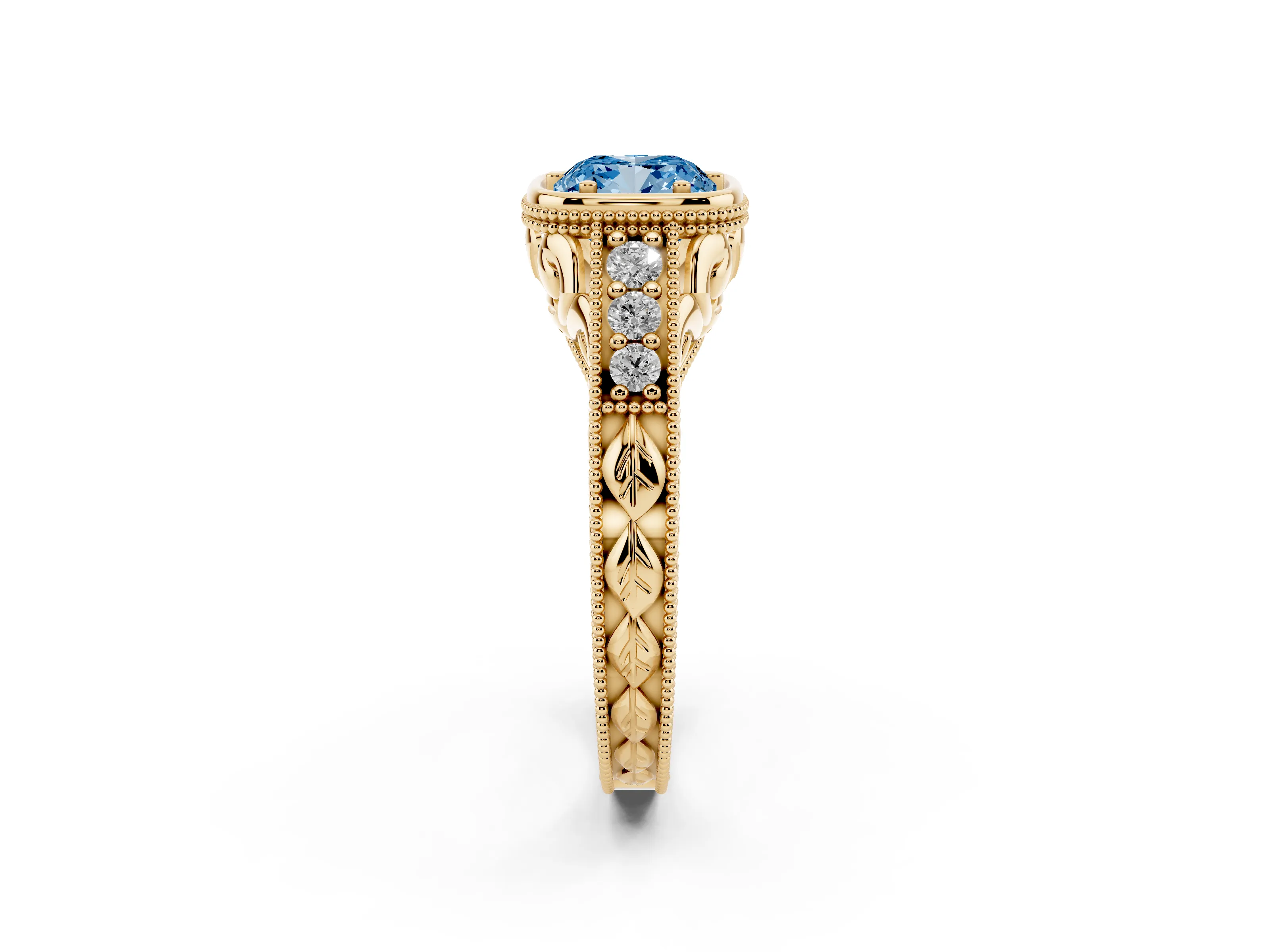 Fancy Blue Bezel Set Cushion Cut Diamond Milgrain Pavé Engagement Ring Set in Yellow gold