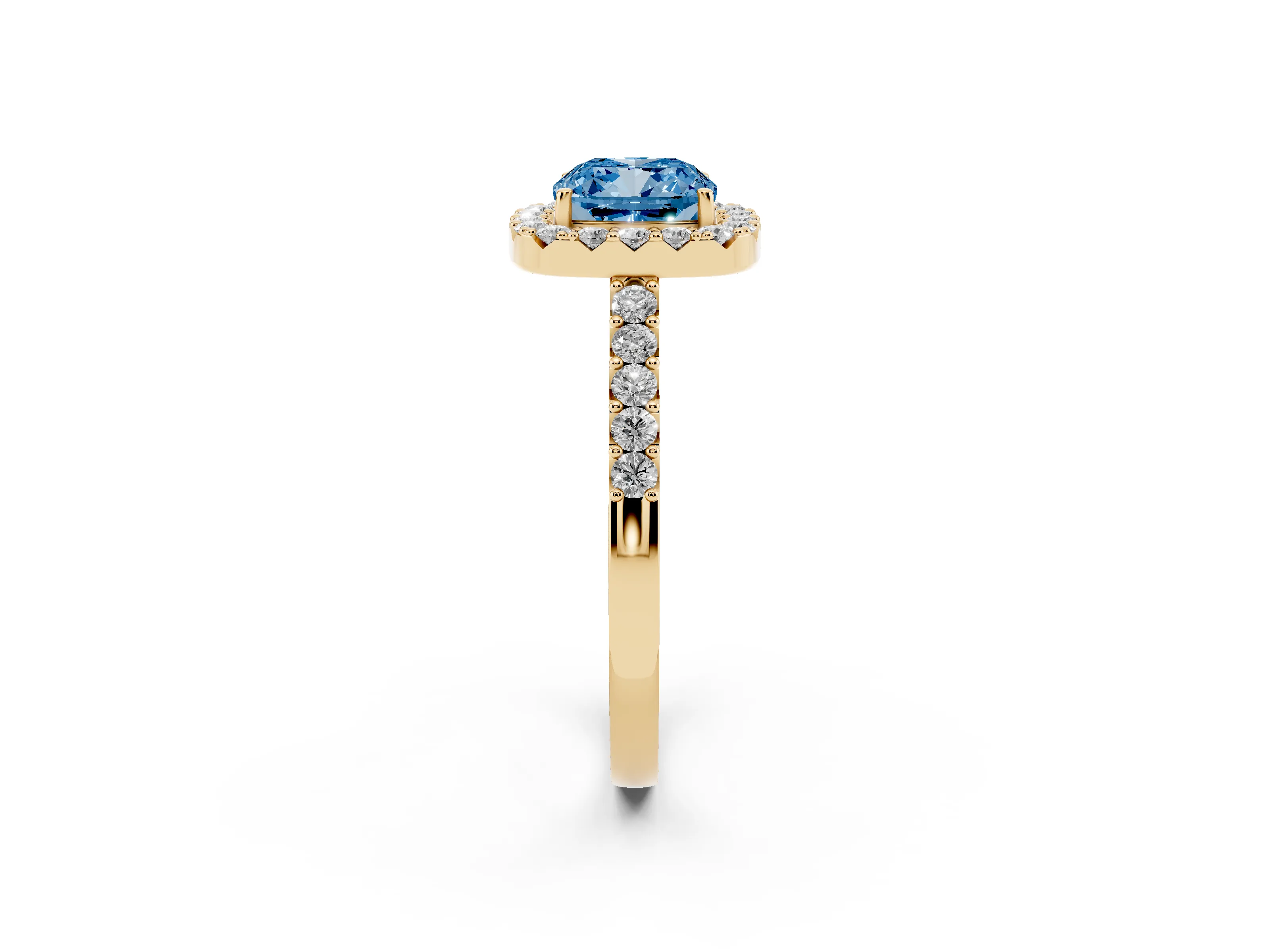 Fancy Blue Cushion Cut Diamond Halo Pavé Solitaire Ring Set in Yellow gold with Prong-Set Center Stone