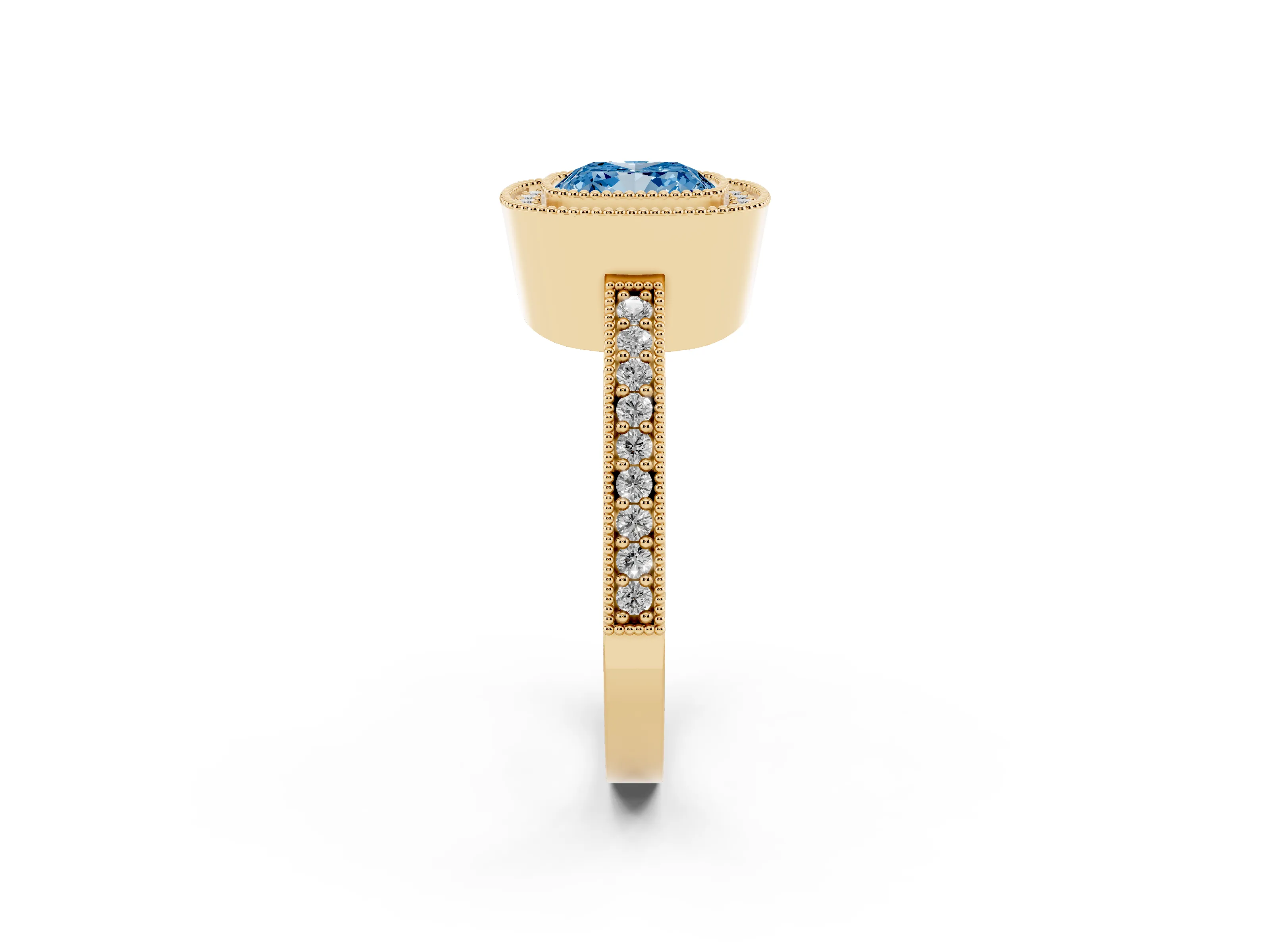 Fancy Blue Cushion Cut Diamond Halo Engagement Ring Set in Yellow gold with Pavé Band and Round Halo Stones