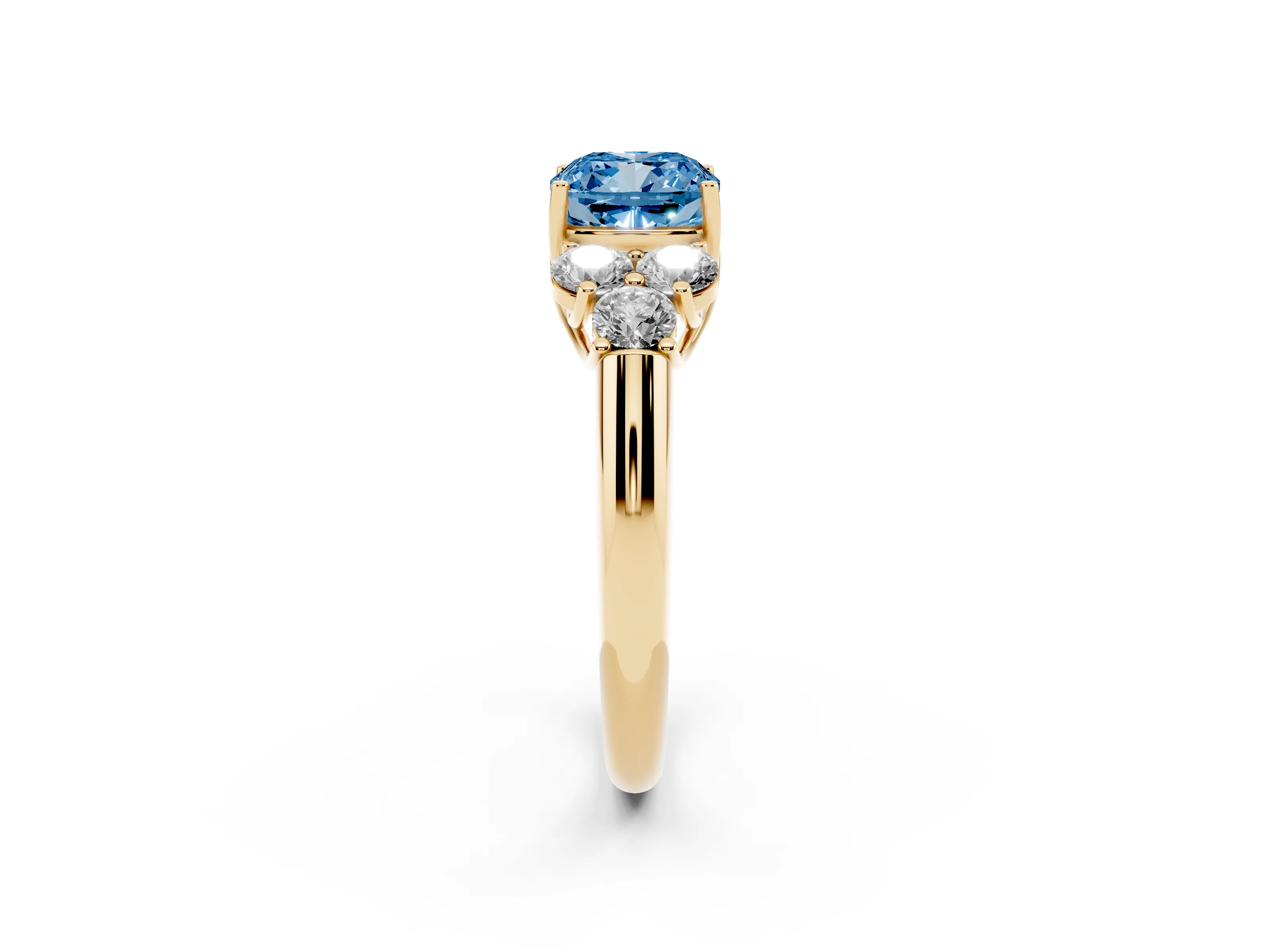 Fancy Blue Cushion Cut Diamond Cluster Ring Set in Yellow gold with Round Accent Stones and Prong Setting on a Plain Band