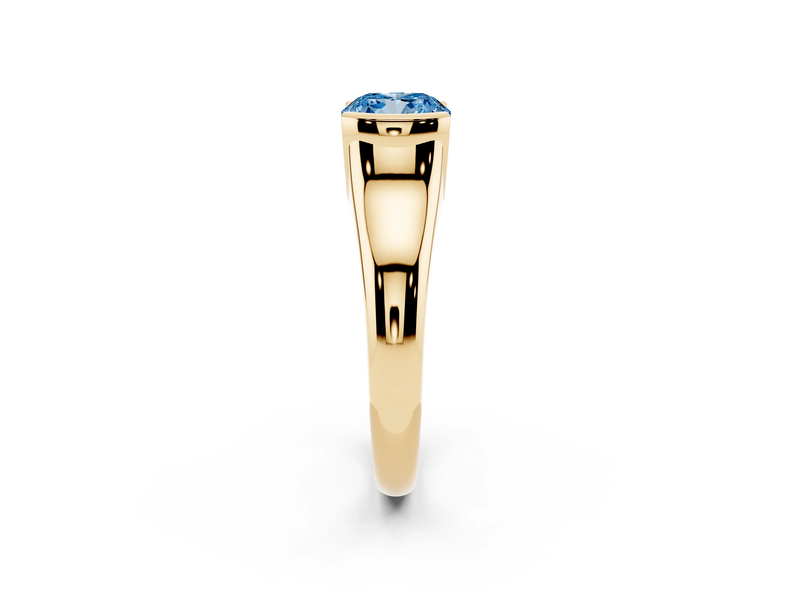 Fancy Blue Cushion Cut Diamond Solitaire Tension Set Ring Set in Yellow gold with Split Shank Band