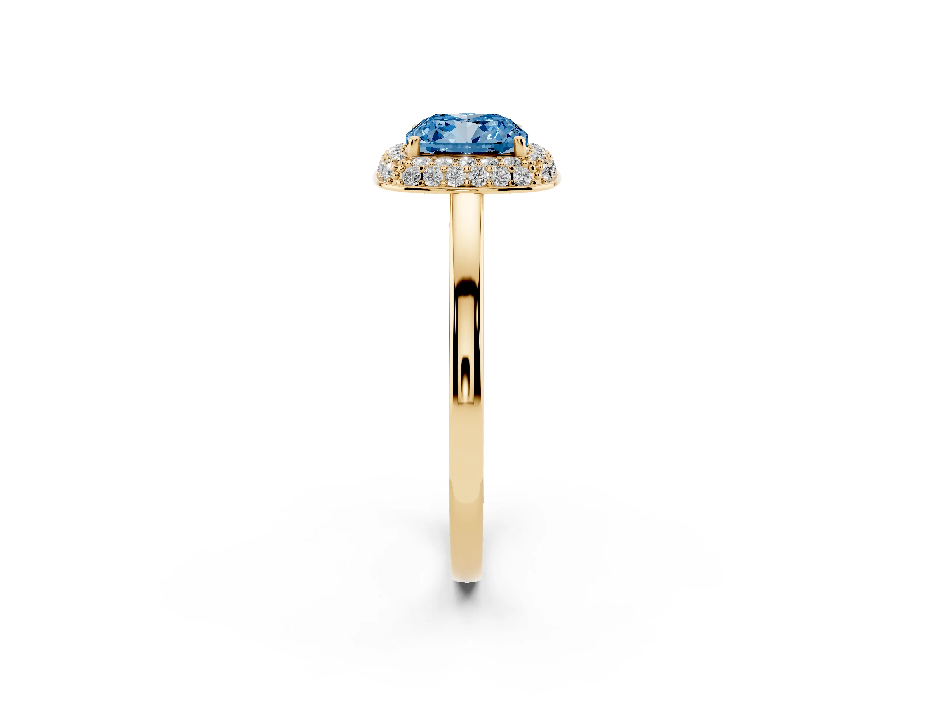 Fancy Blue Cushion Cut Diamond Halo Engagement Ring Set in Yellow gold with Solitaire Band and Prong Setting