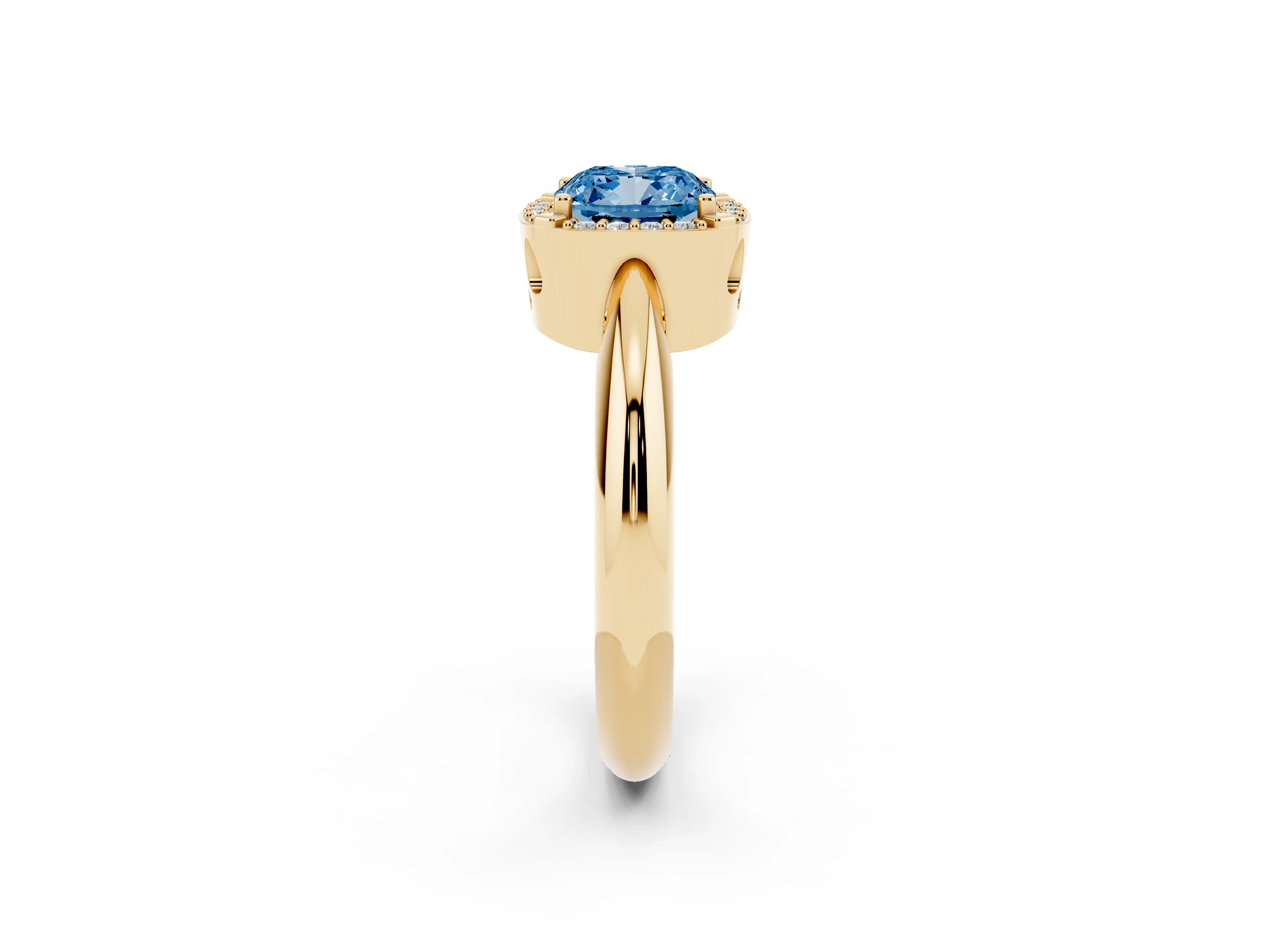 Fancy Blue Cushion Cut Diamond Halo Engagement Ring Set in Yellow gold with Plain Split Shank and Prong Setting