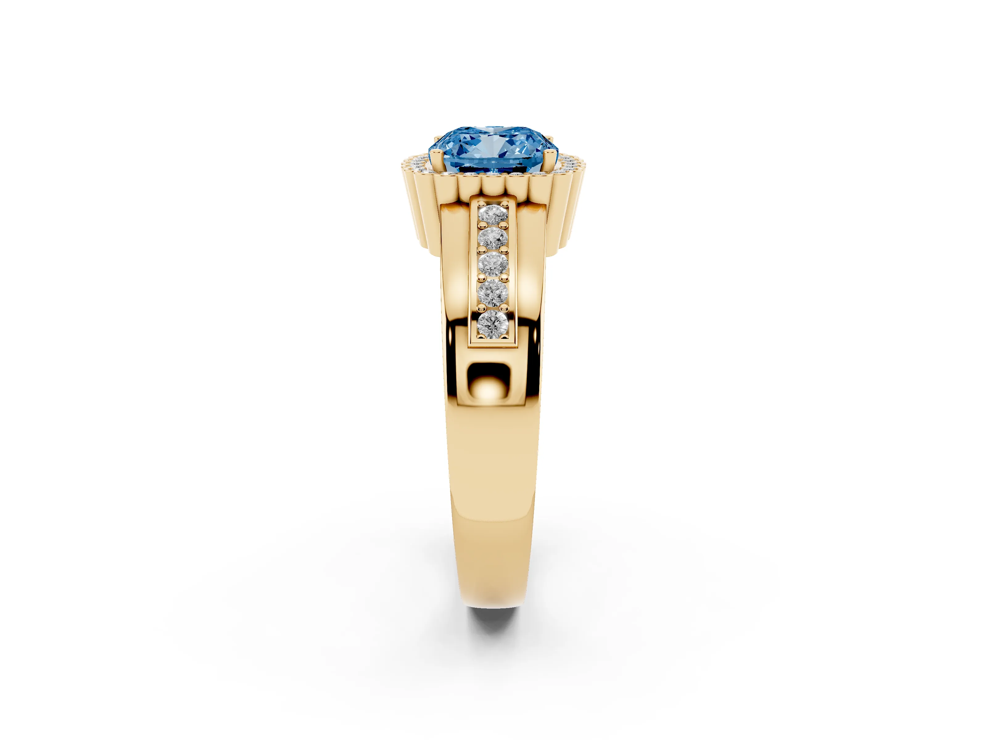 Fancy Blue Cushion Cut Diamond Halo Prong Ring Set in Yellow gold with Pavé Band