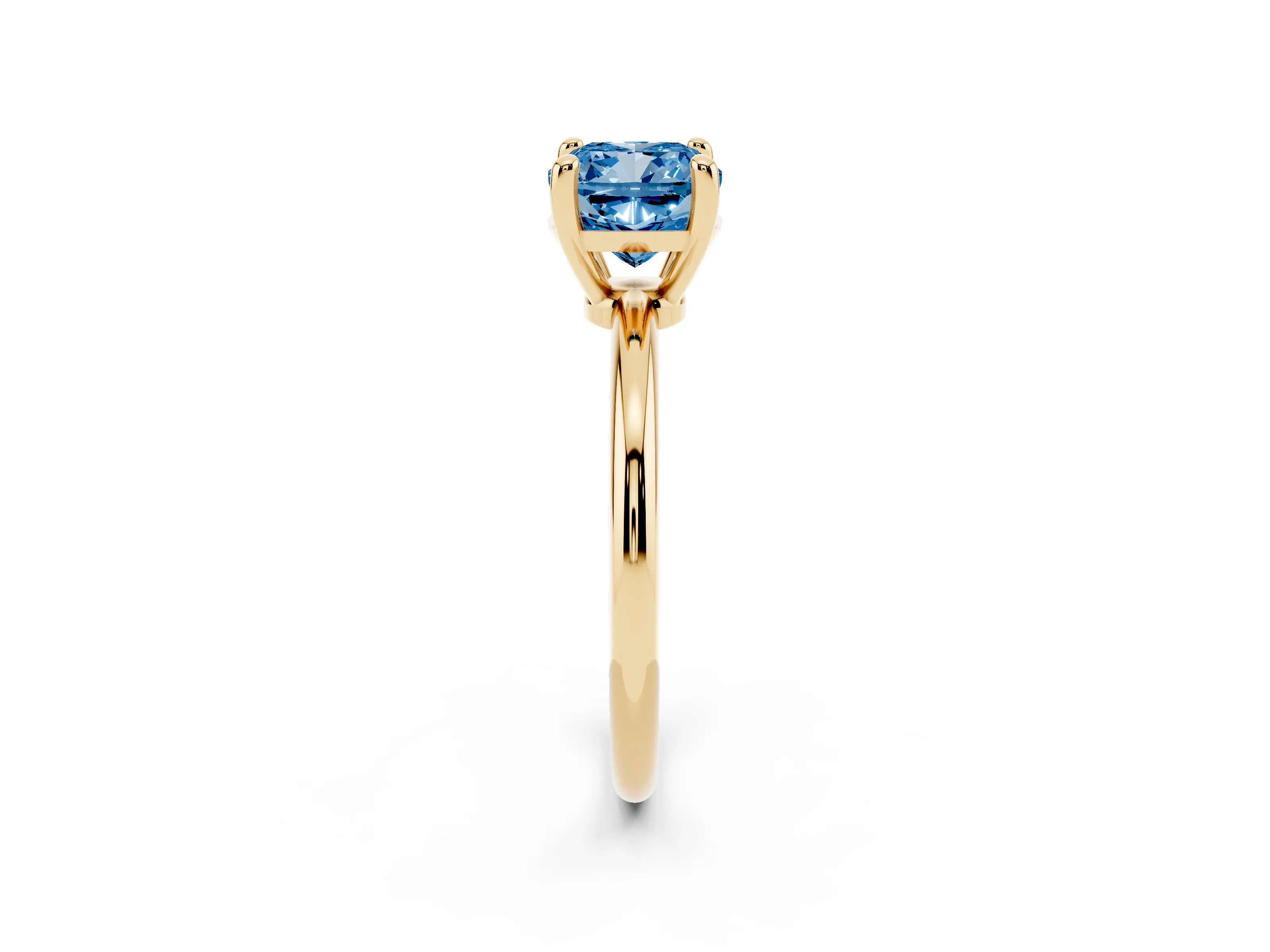 Fancy Blue Cushion Cut Diamond Solitaire Ring Set in Yellow gold with Secure Prong Setting on a Classic Band