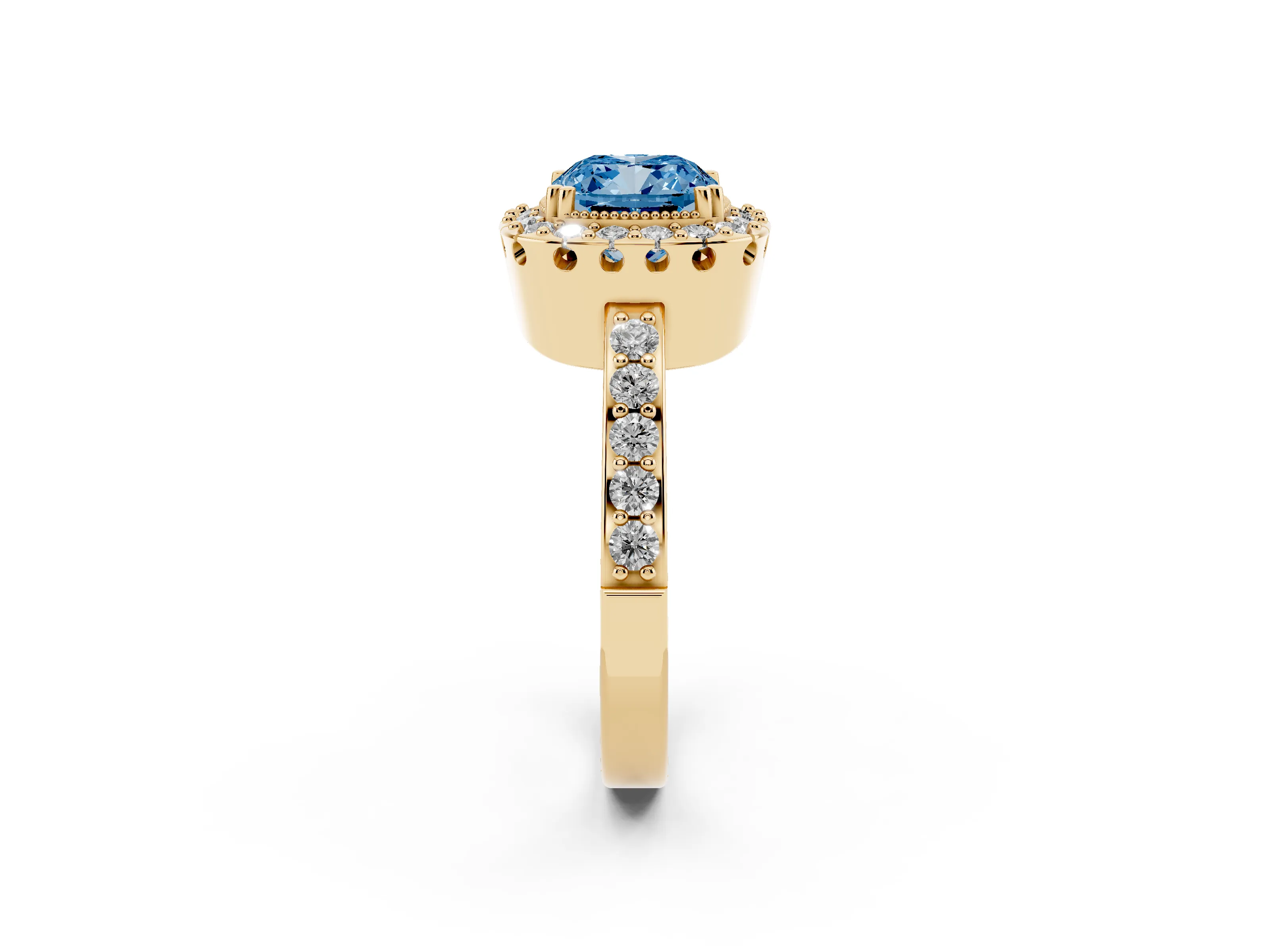 Fancy Blue Cushion Cut Diamond Halo Ring Set in Yellow gold with Pavé Shank and Prong Setting
