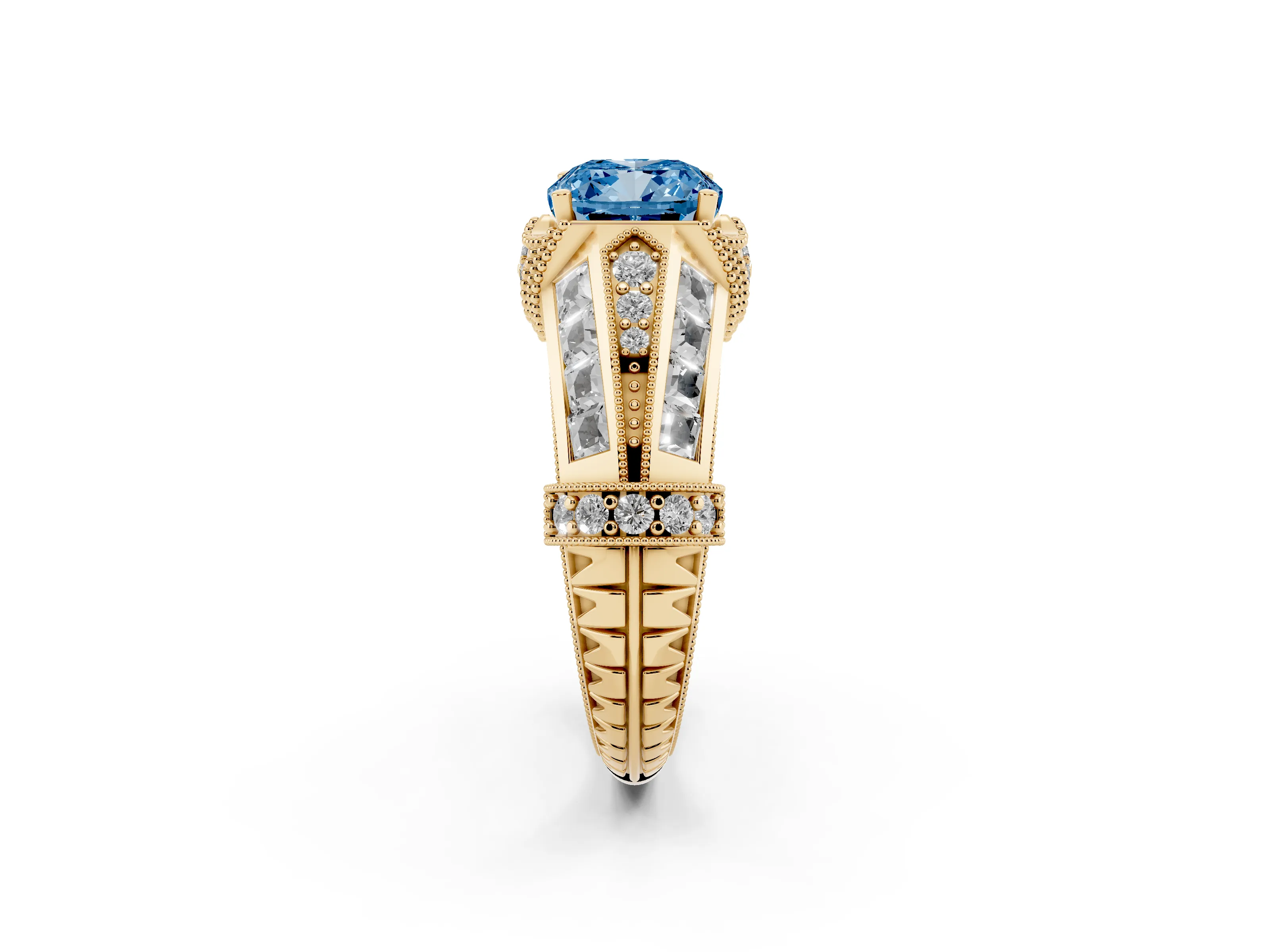 Fancy Blue Cushion Cut Diamond Vintage-Inspired Milgrain Ring Set in Yellow gold with Accent Split Shank