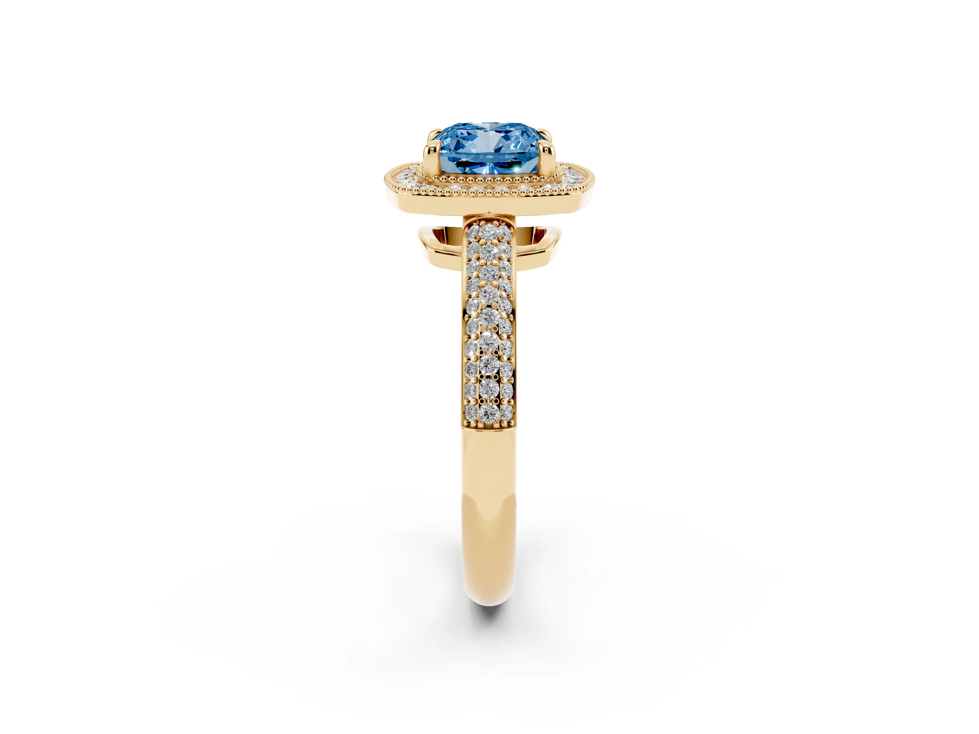 Fancy Blue Cushion Cut Diamond Halo Pavé Band Set in Yellow gold with Prong Setting