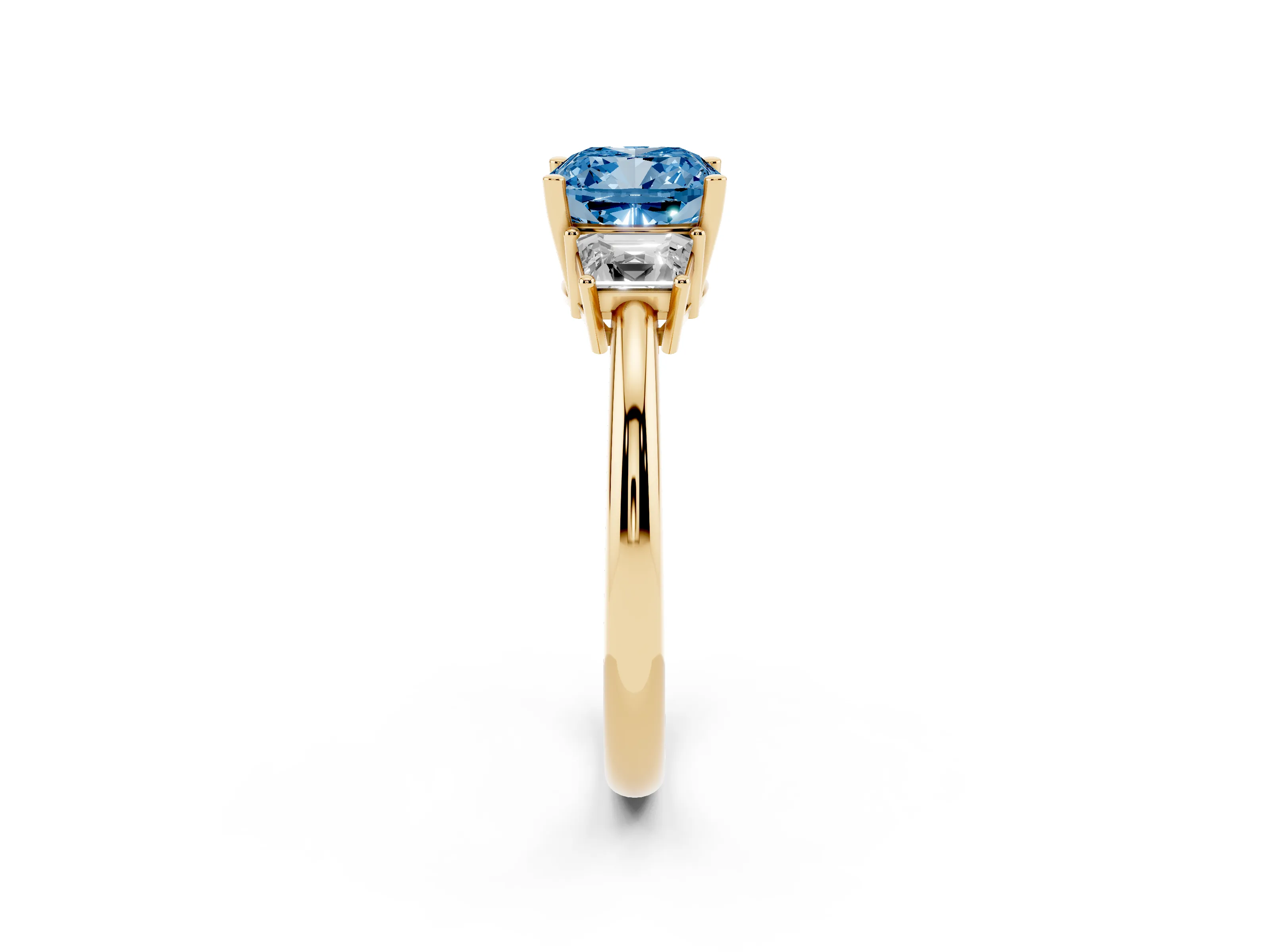 Fancy Blue Cushion Cut Diamond Three-Stone Ring Set in Yellow gold with Trapezoid Side Stones and Prong Setting
