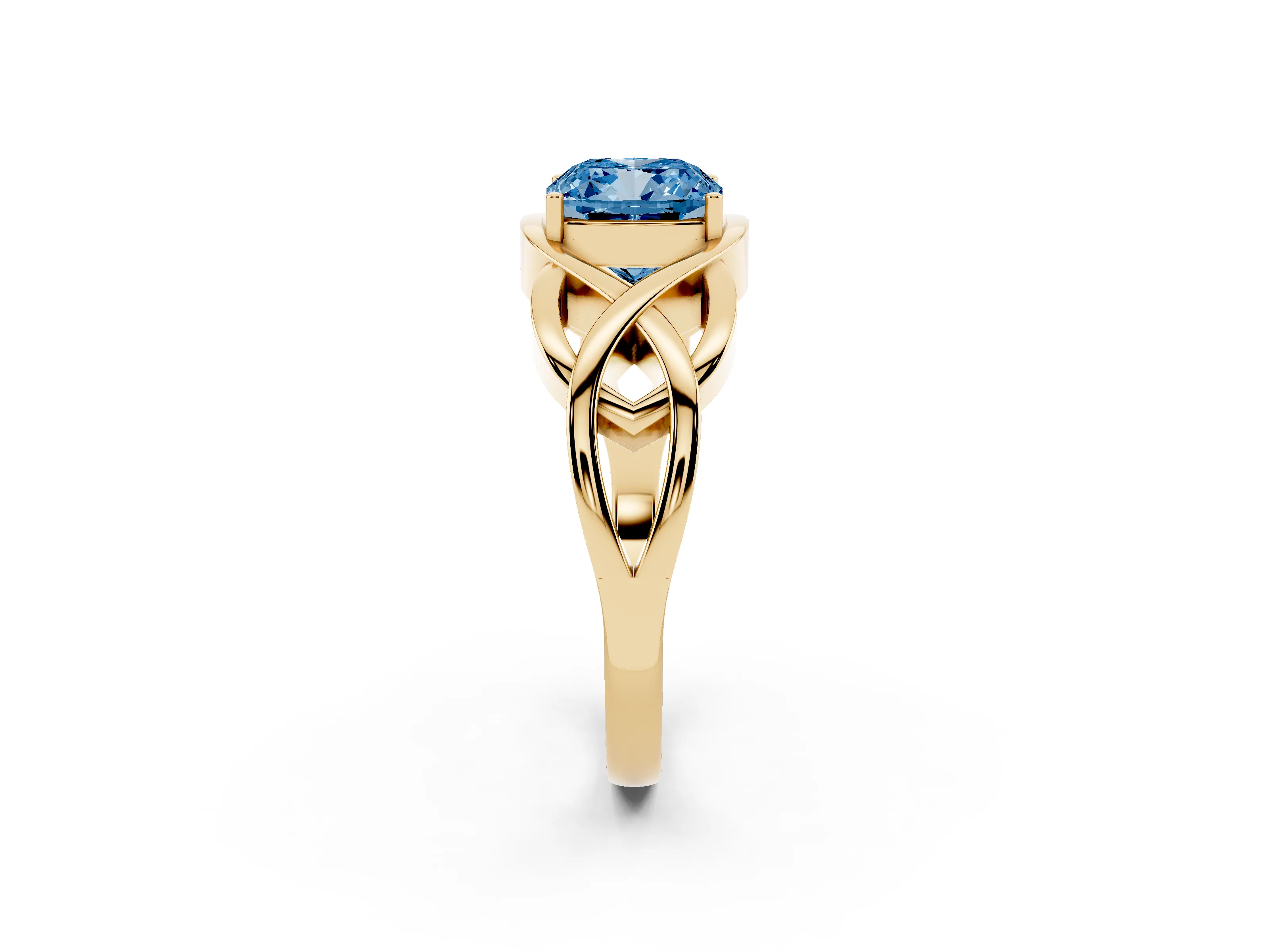 Fancy Blue Cushion Cut Diamond Solitaire Ring Set in Yellow gold with Intertwined Band