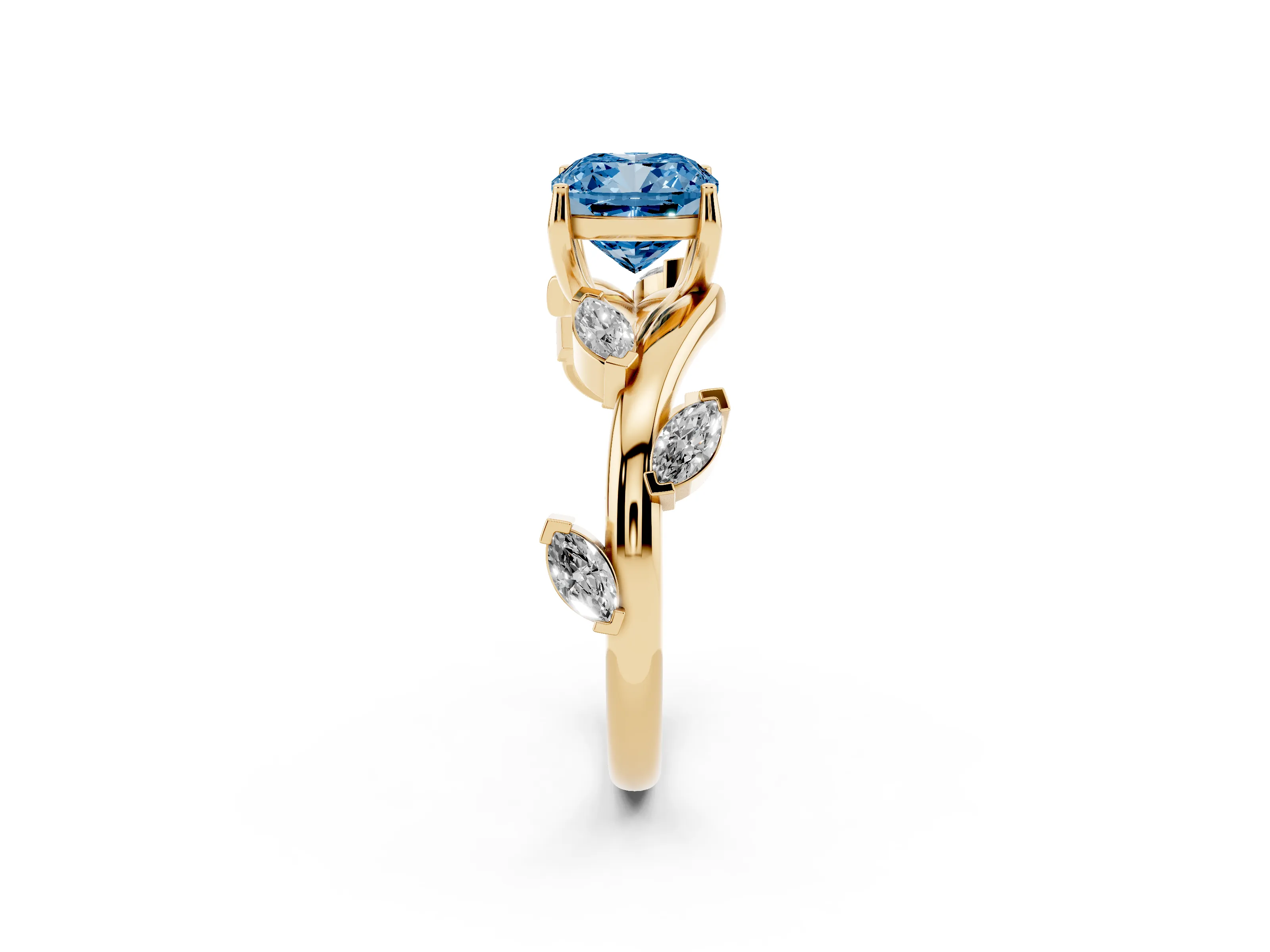Fancy Blue Cushion Cut Diamond Solitaire Ring Set in Yellow gold with Twisted Marquise Accent Band