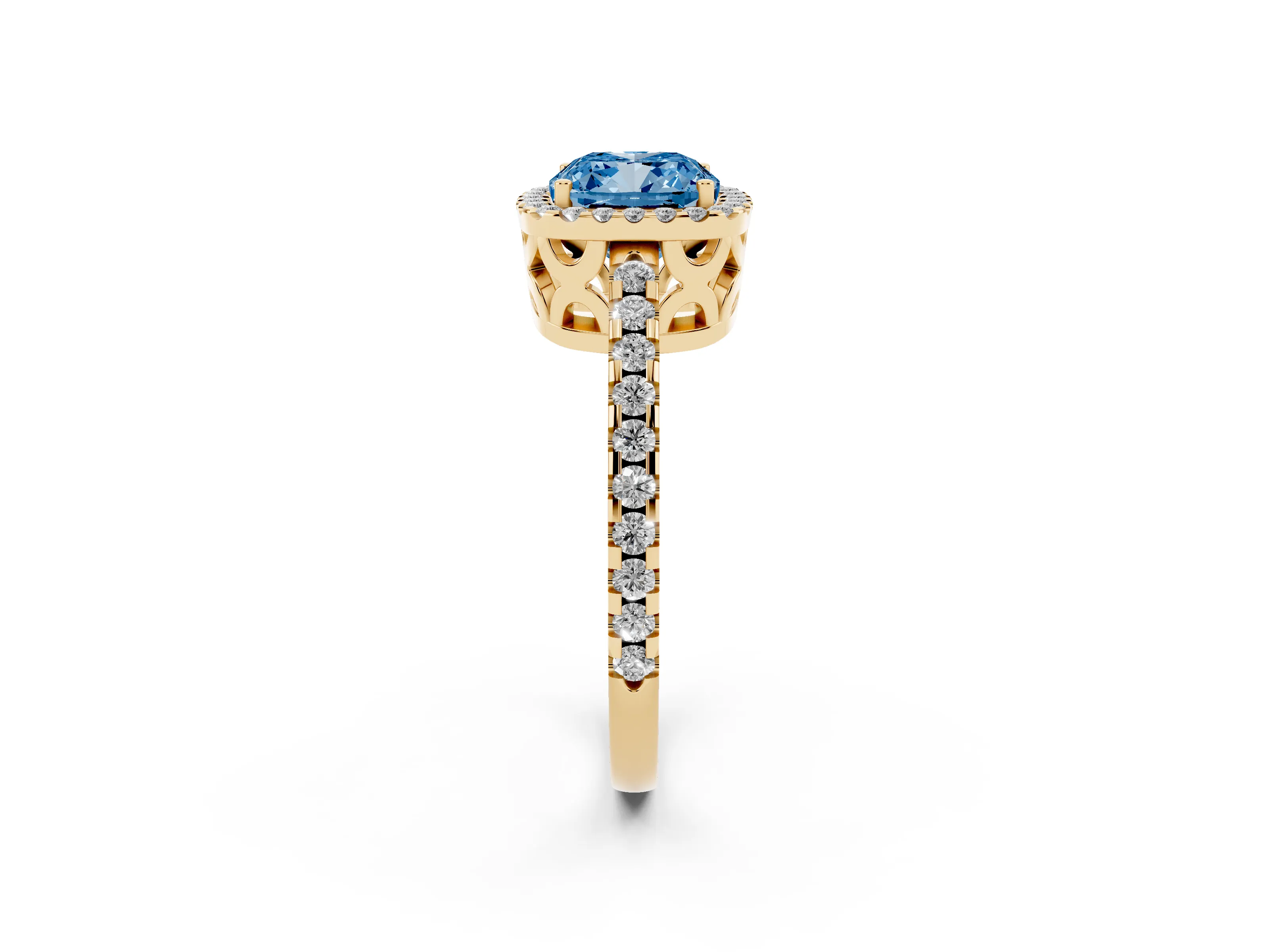 Fancy Blue Cushion Cut Diamond Halo Ring Set in Yellow gold with Pavé Shoulders and Halo-Framed Center