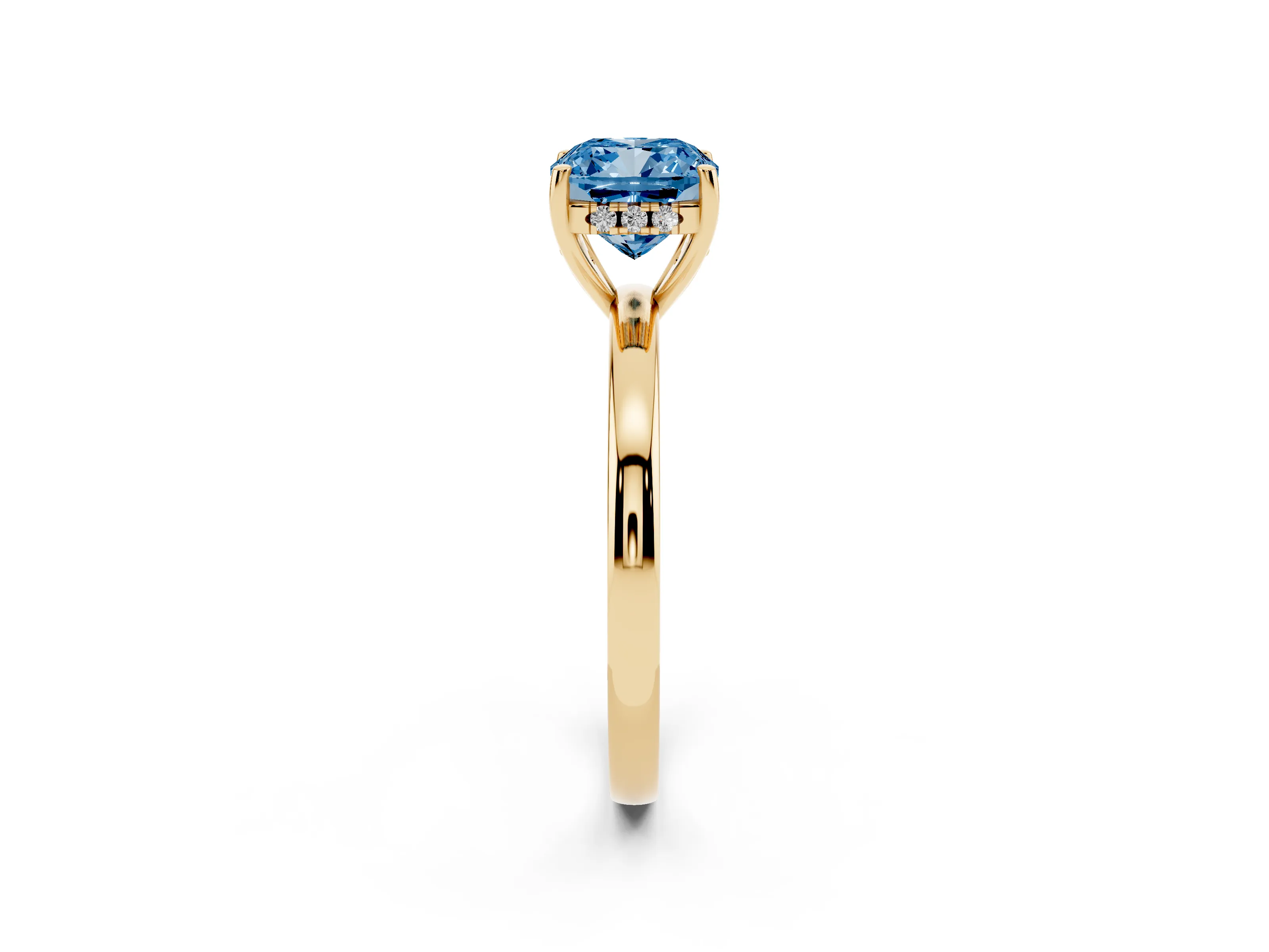 Fancy Blue Cushion Cut Diamond Solitaire Ring Set in Yellow gold with Plain Band and Prong Setting