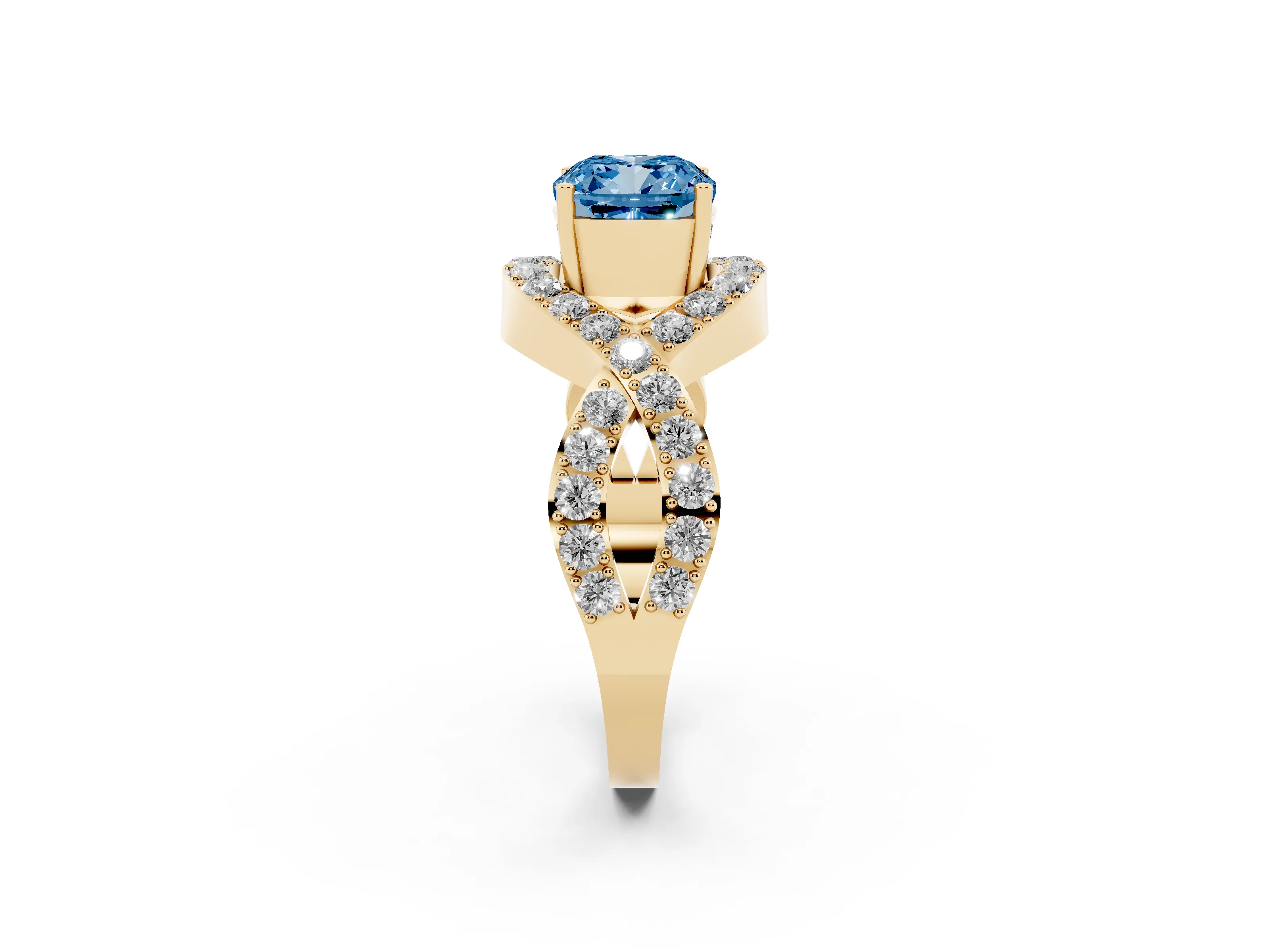 Fancy Blue Cushion Cut Diamond Solitaire Twist Band Pavé Engagement Ring Set in Yellow gold