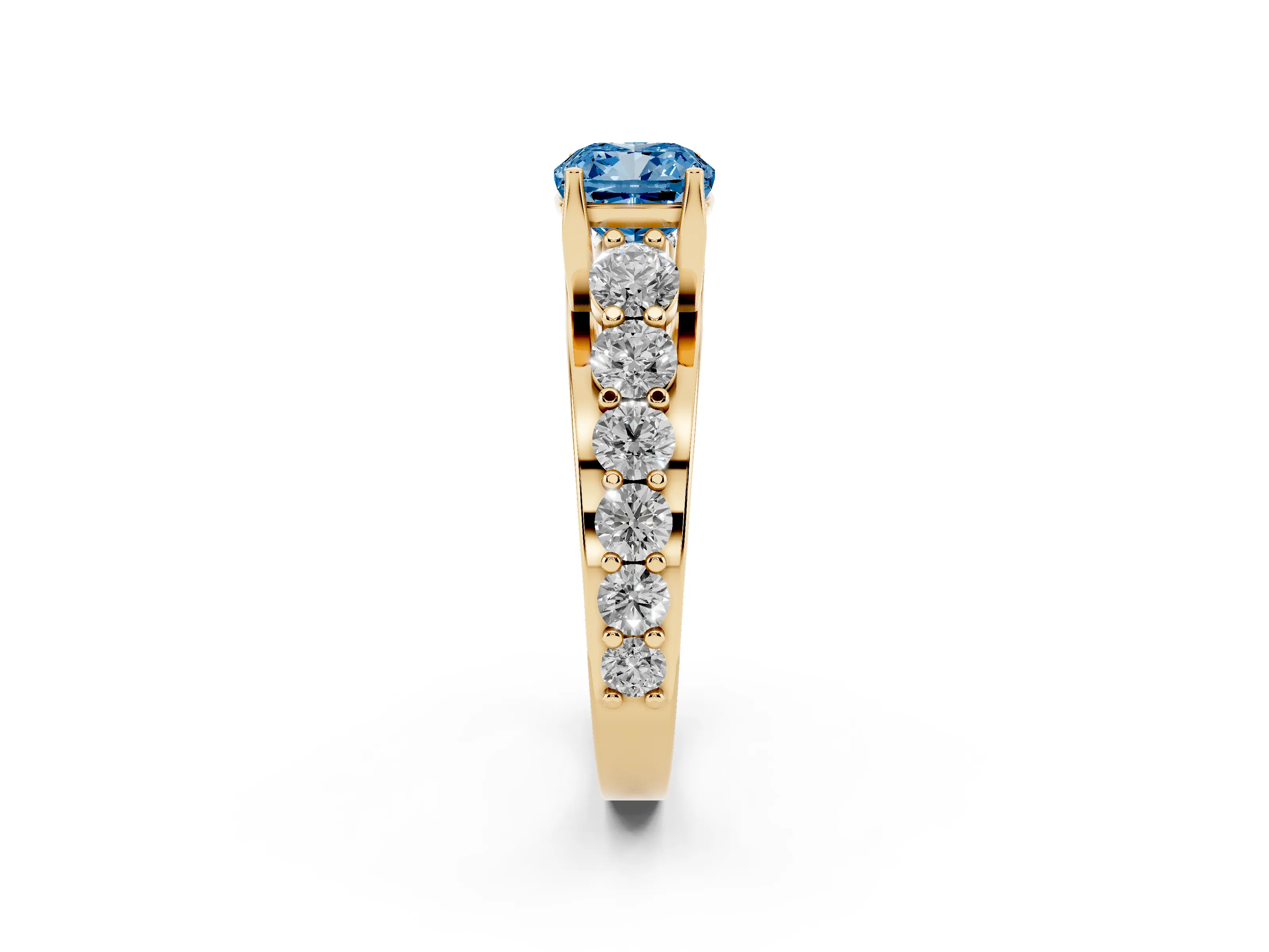 Fancy Blue Cushion Cut Diamond Pavé Engagement Ring Set in Yellow gold with Prong Setting