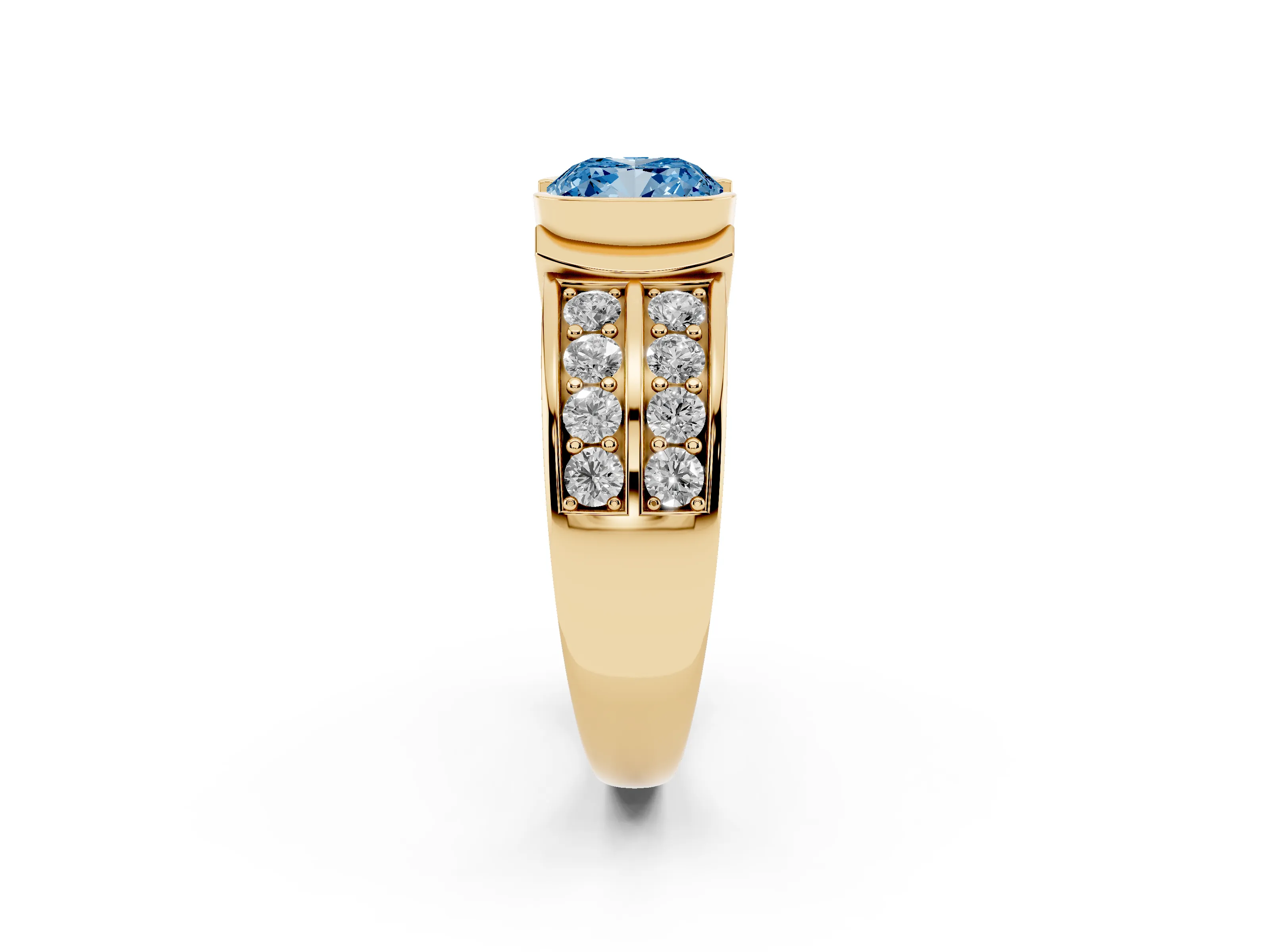 Fancy Blue Cushion Cut Diamond Wide Channel Set Band Ring Set in Yellow gold with Bezel Setting