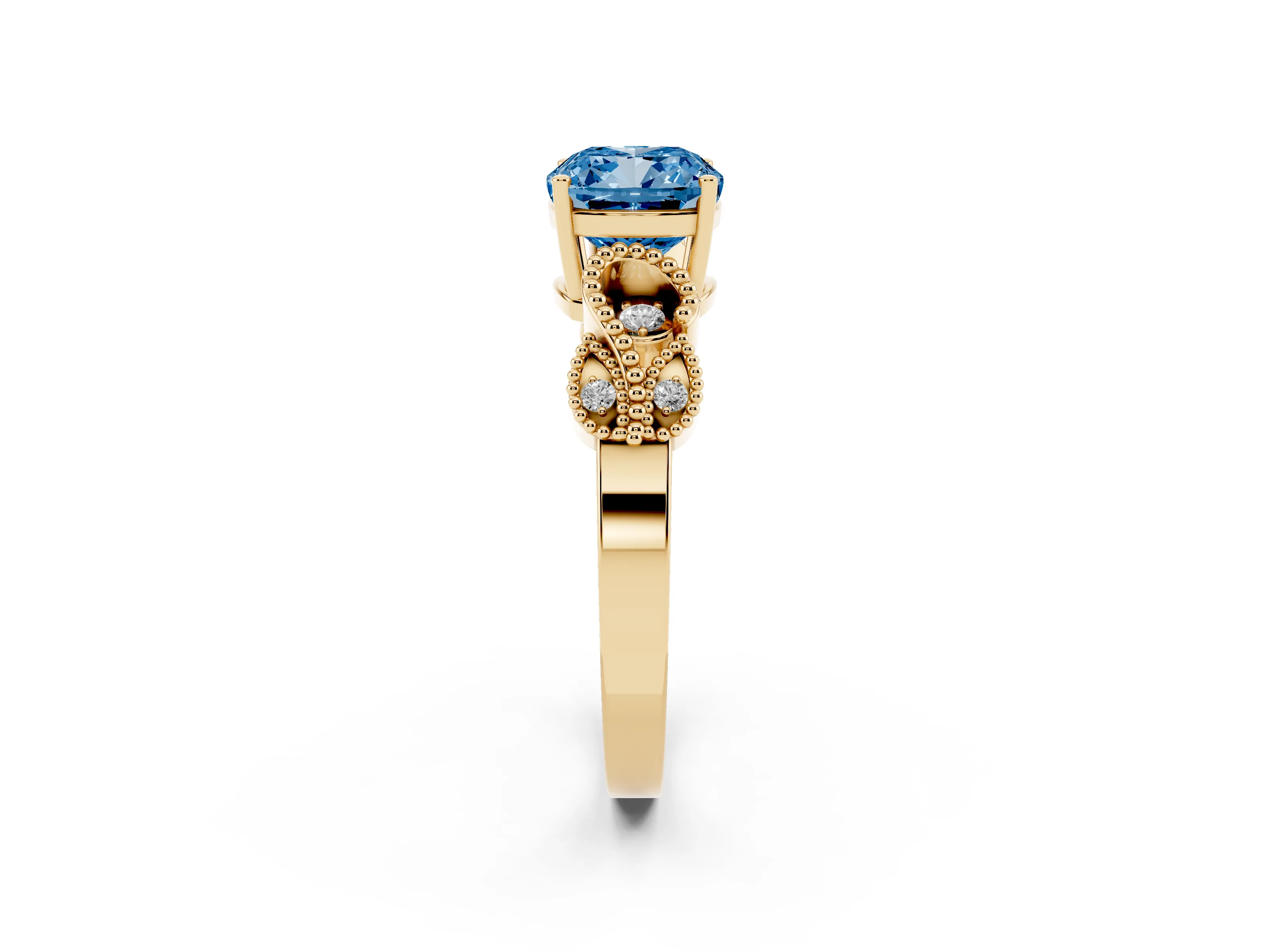 Fancy Blue Cushion Cut Diamond Milgrain Leaf Band Solitaire Ring Set in Yellow gold with Accent Stones and Prong Setting