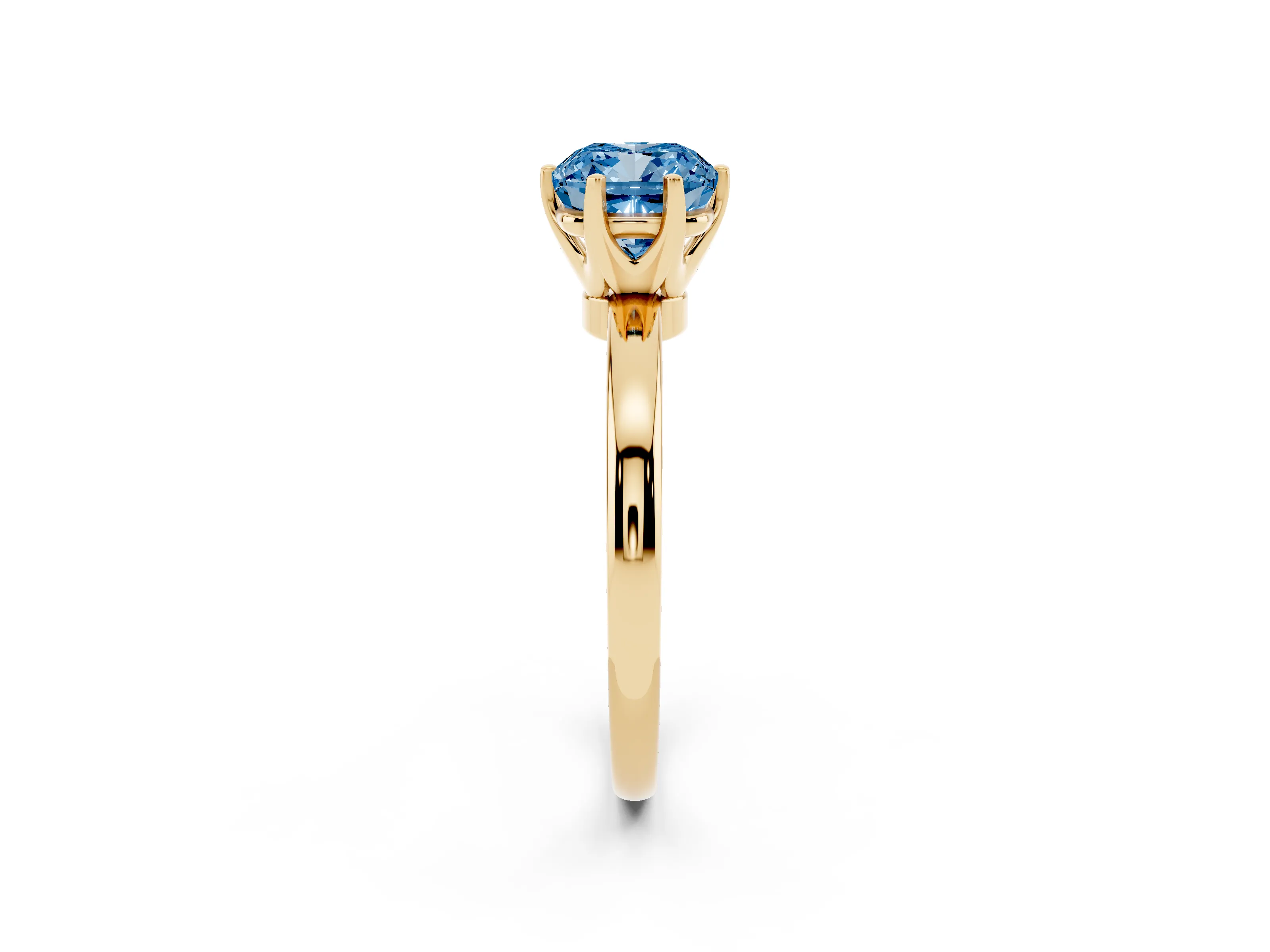 Fancy Blue Cushion Cut Diamond Solitaire Ring Set in Yellow gold with Raised Prong Setting on a Classic Band