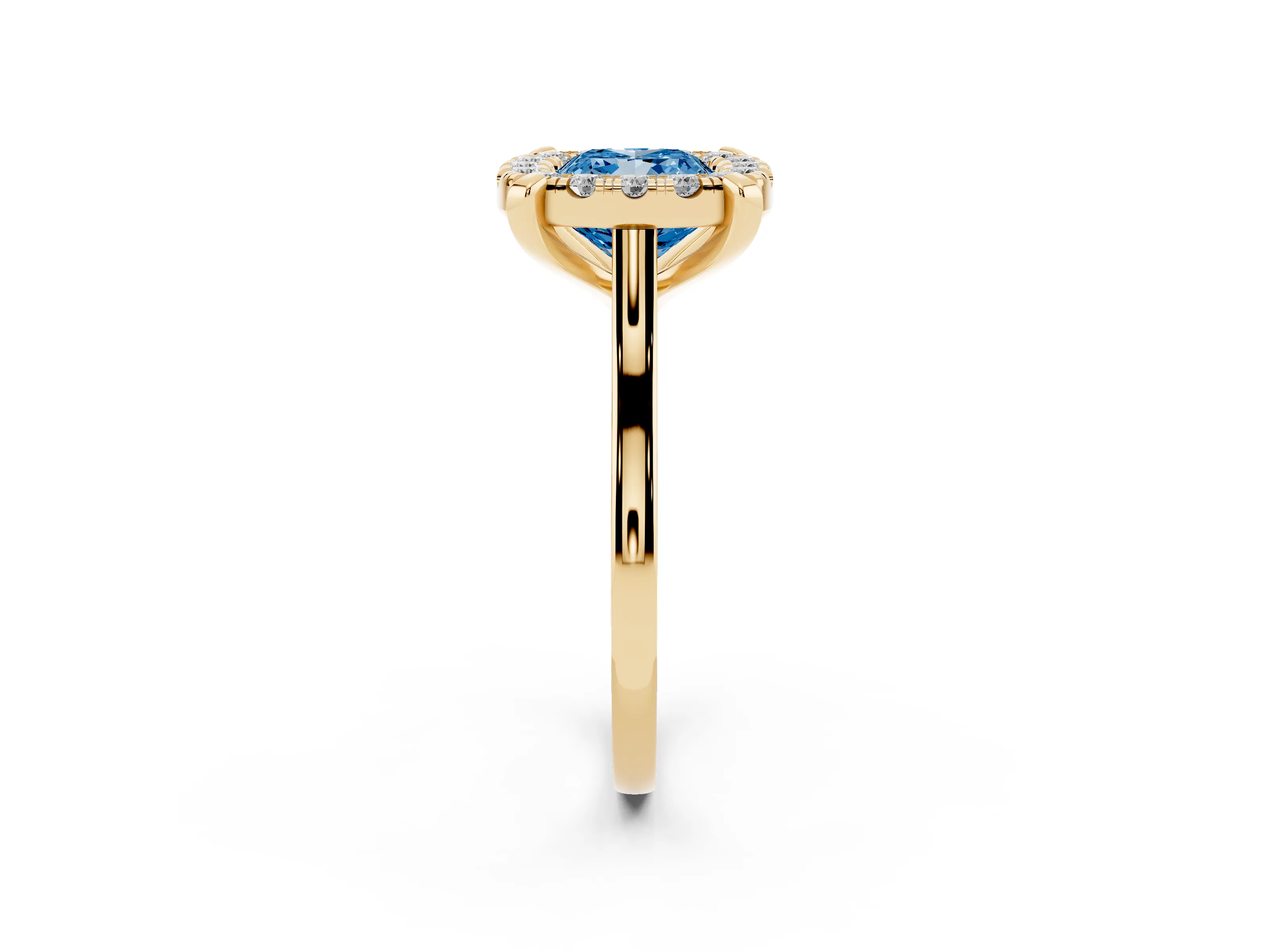 Fancy Blue Cushion Cut Diamond Cluster Halo Solitaire Ring Set in Yellow gold with Prong Setting