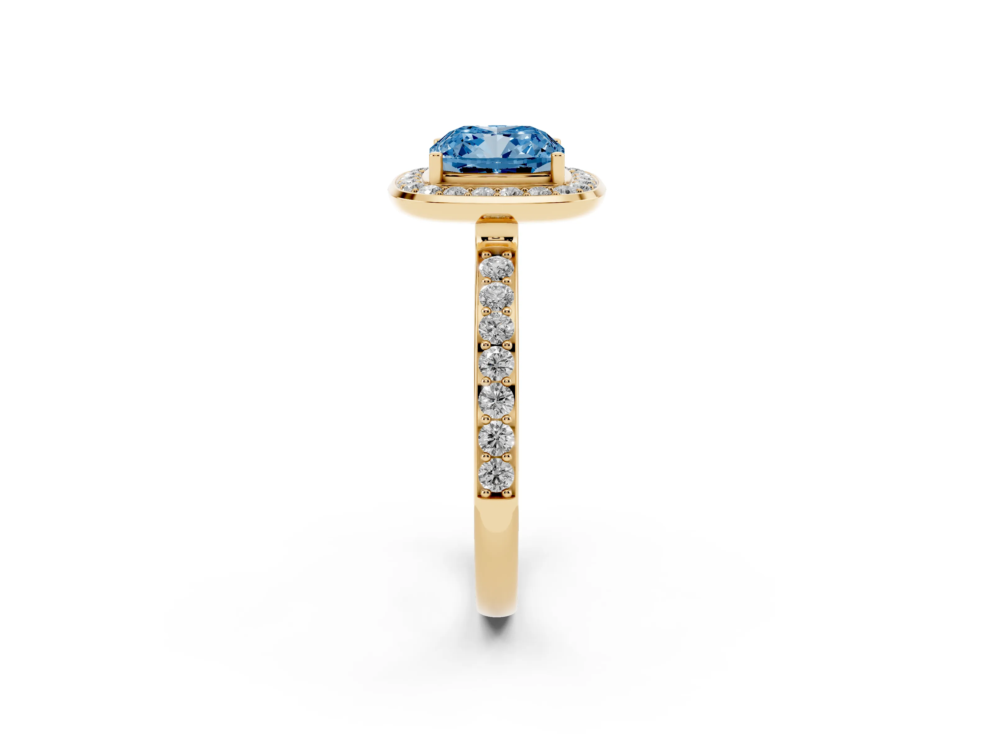 Fancy Blue Cushion Cut Diamond Halo Ring Set in Yellow gold with Bezel Frame and Pavé Band