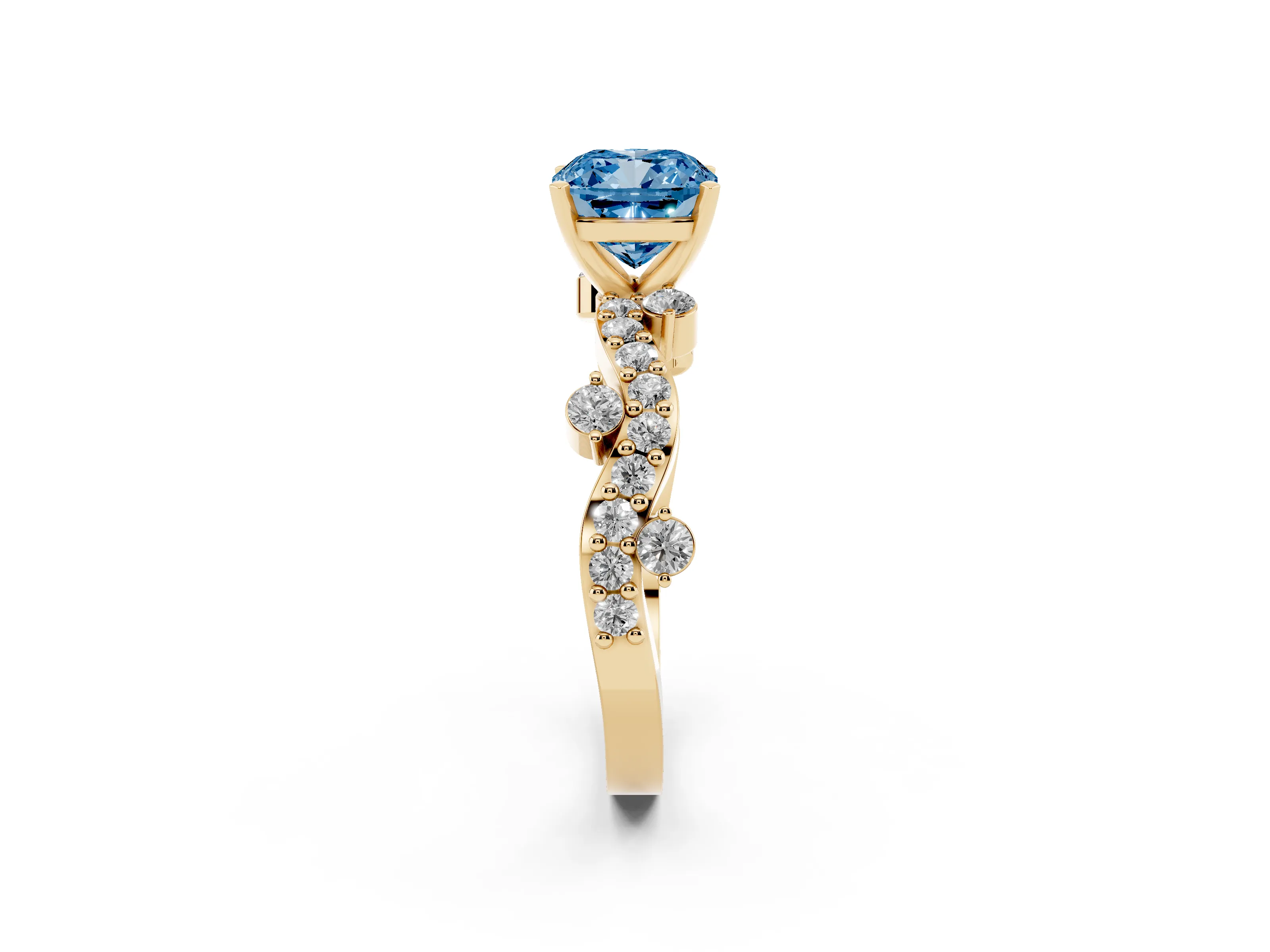 Fancy Blue Cushion Cut Diamond Solitaire Twisted Band Set in Yellow gold with Pavé Setting