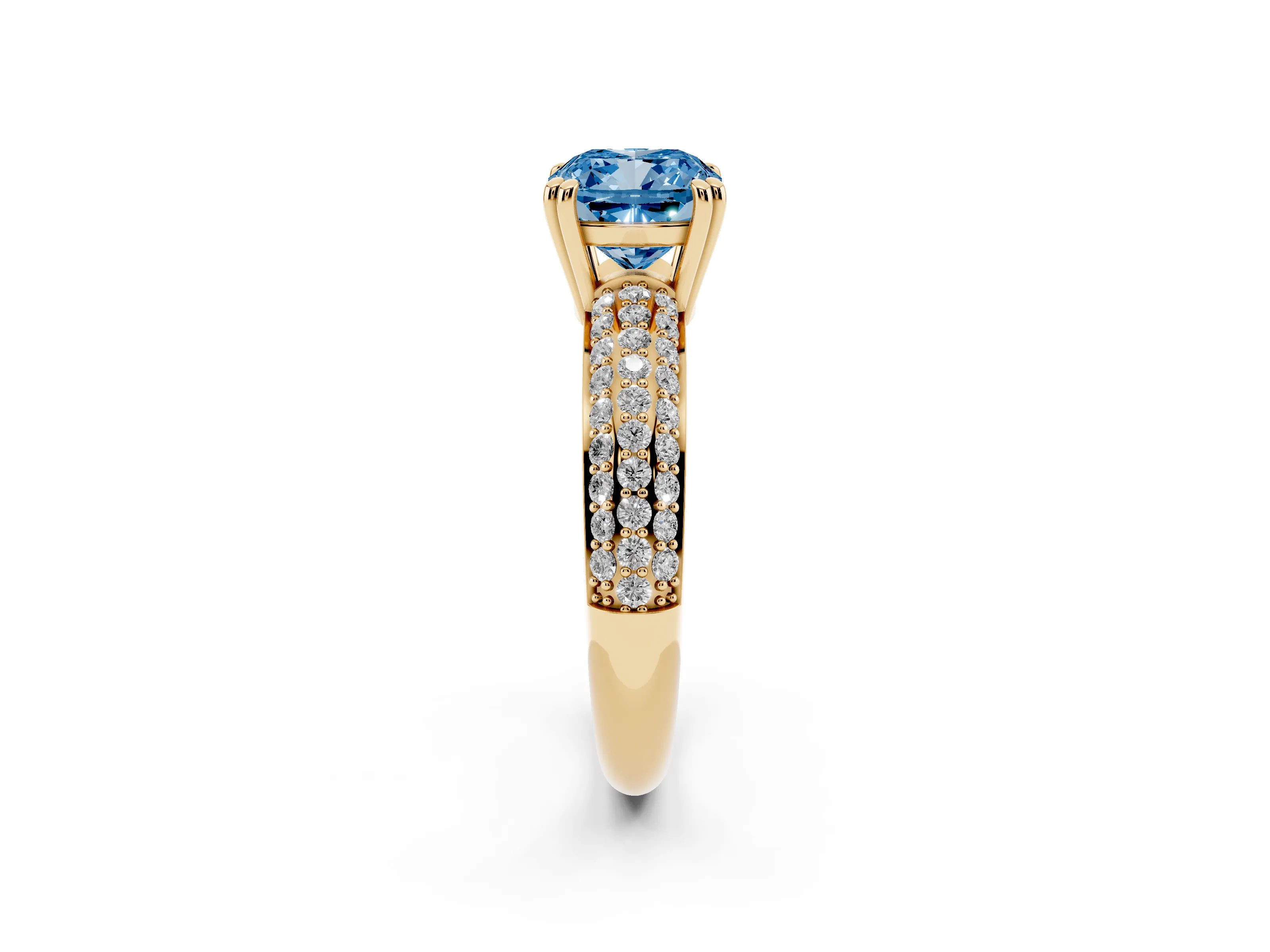 Fancy Blue Cushion Cut Diamond Solitaire Ring Set in Yellow gold with Multi-Row Round Pavé Band and Prong Setting