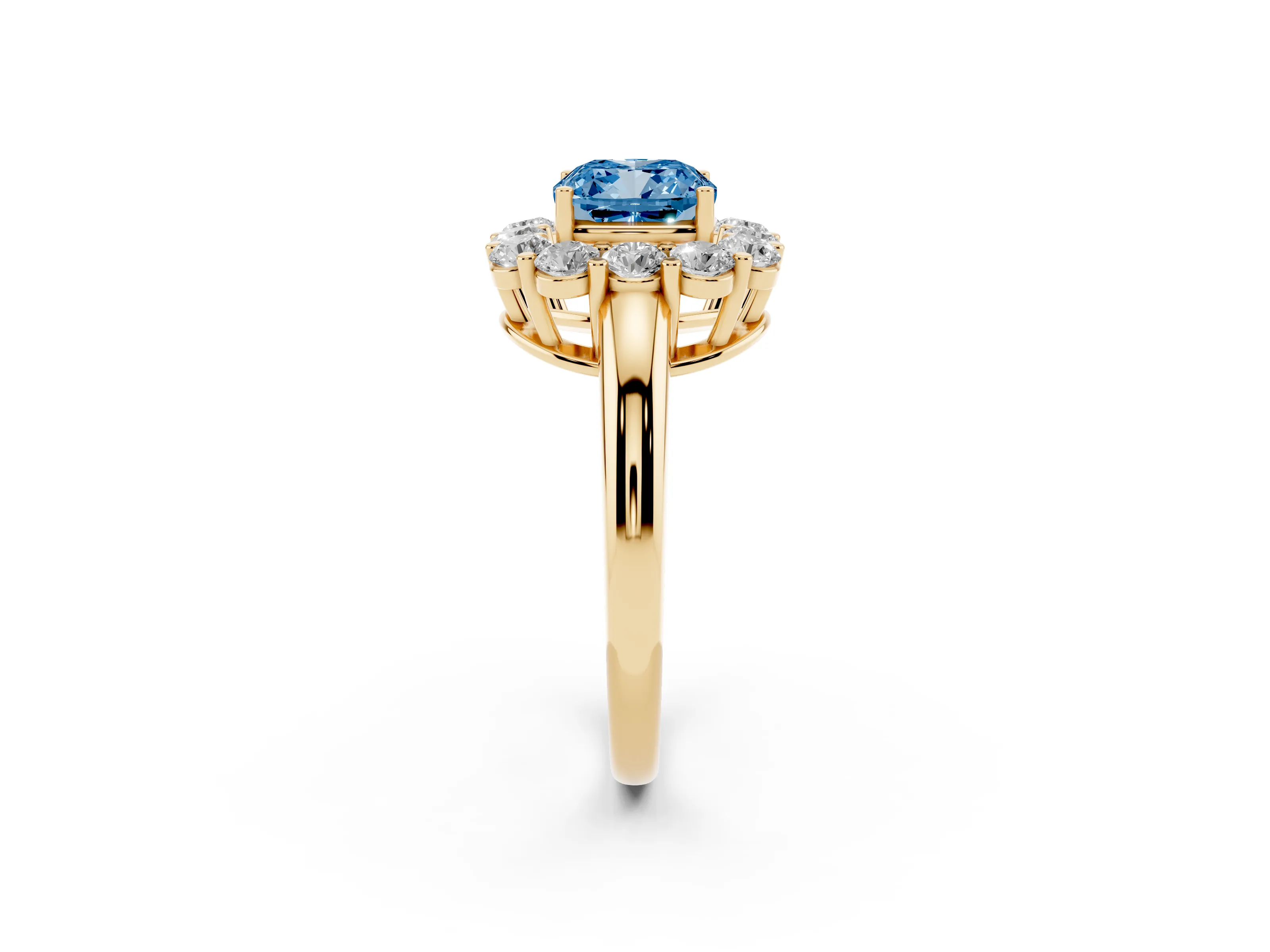 Fancy Blue Cushion Cut Diamond Halo Cluster Engagement Ring Set in Yellow gold with Polished Band and Prong Setting