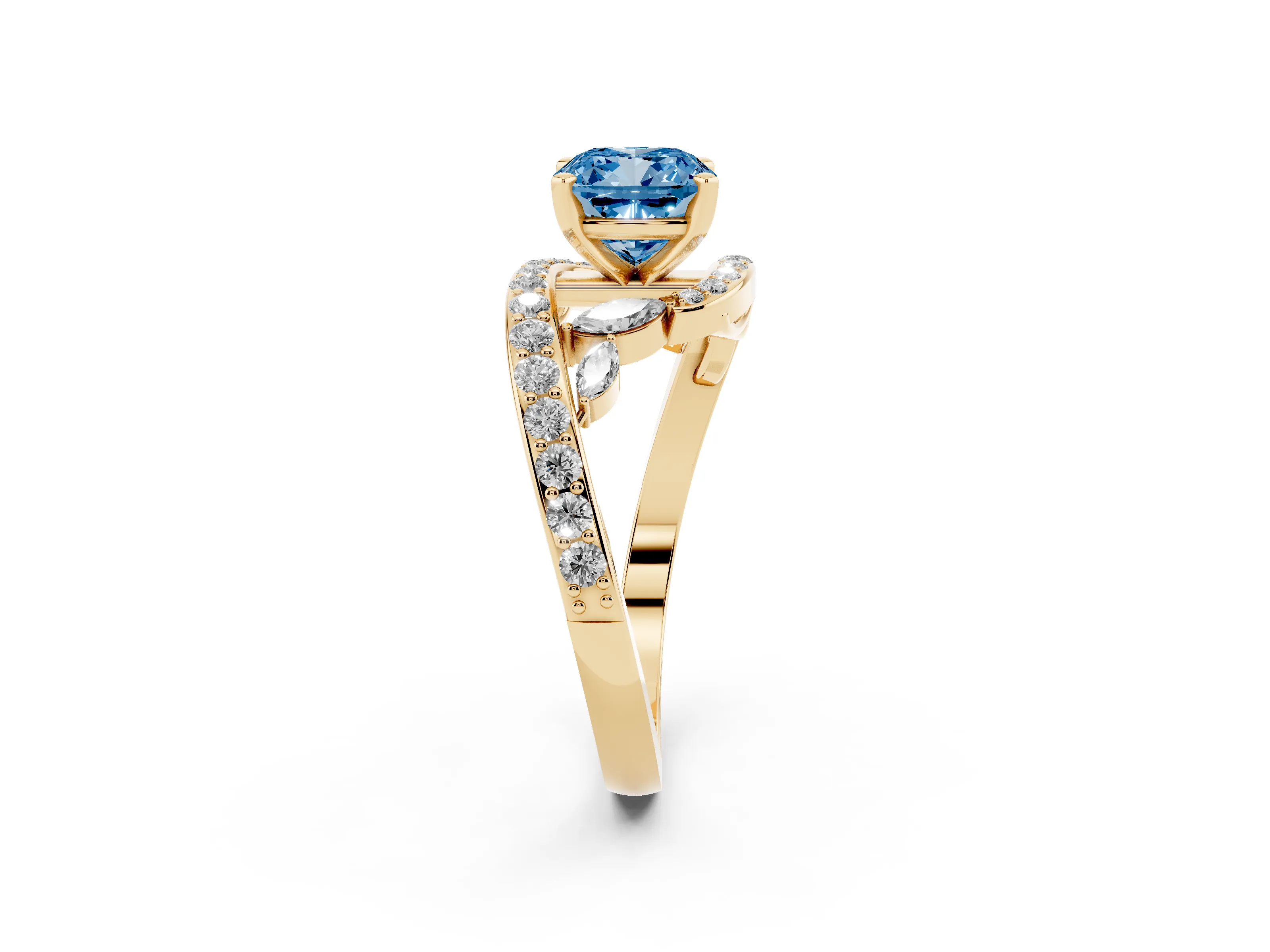 Fancy Blue Cushion Cut Diamond Solitaire Ring Set in Yellow gold with Filigree Band and Prong Setting