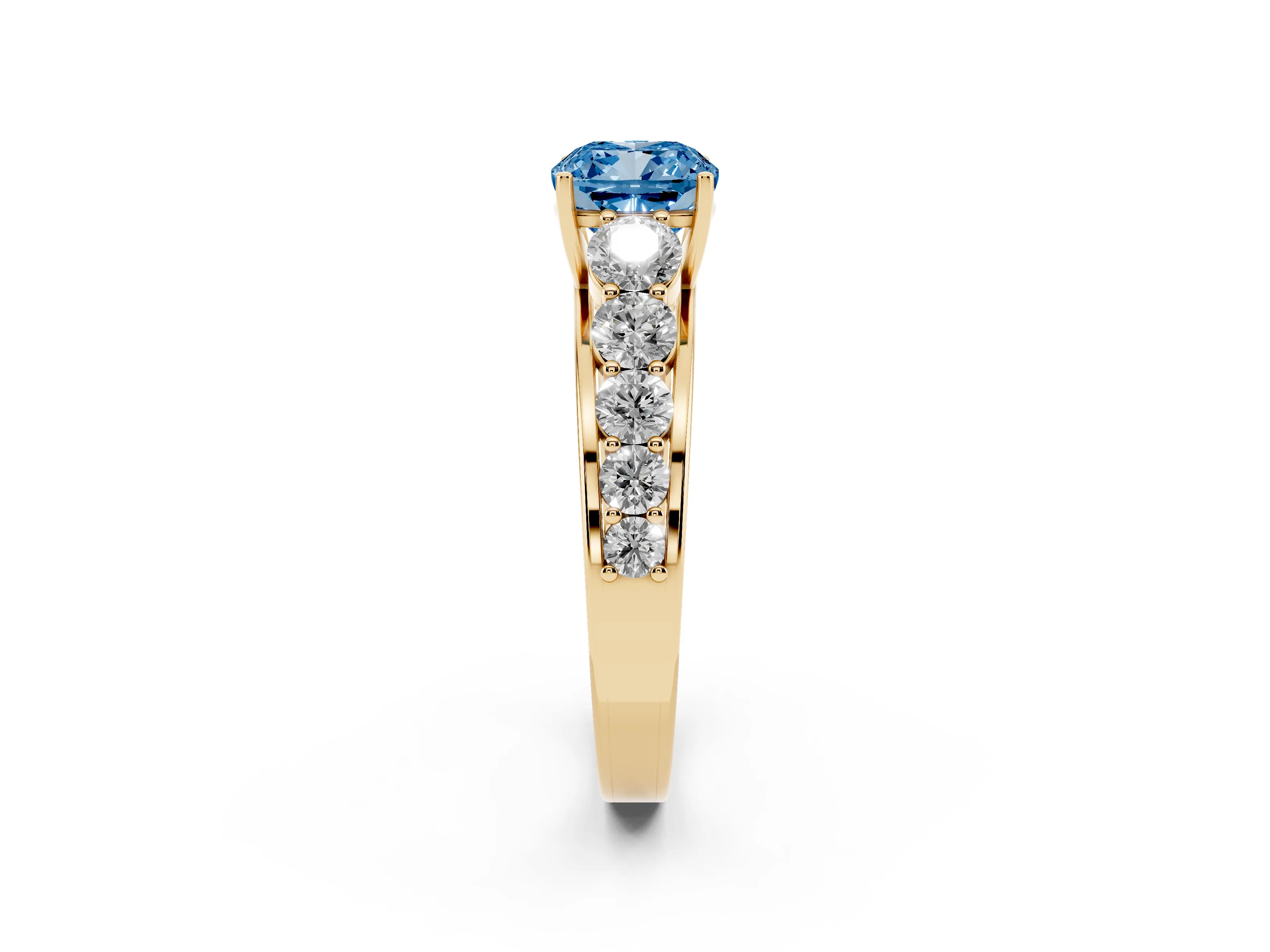 Fancy Blue Cushion Cut Diamond Solitaire Ring Set in Yellow gold with Pavé-Set Band and Prong Setting