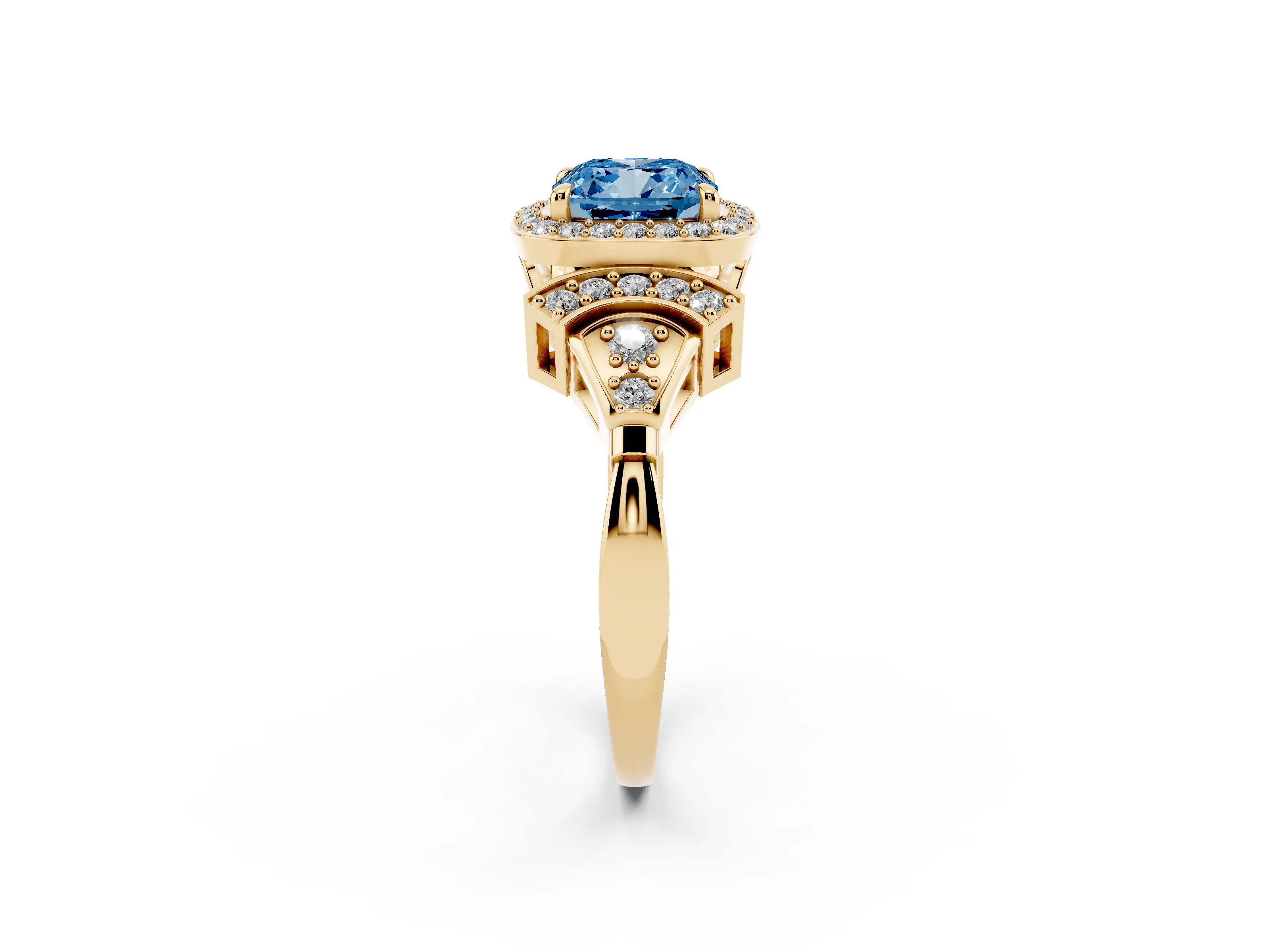 Fancy Blue Cushion Cut Diamond Halo Engagement Ring Set in Yellow gold with Accent Stone Split Shank