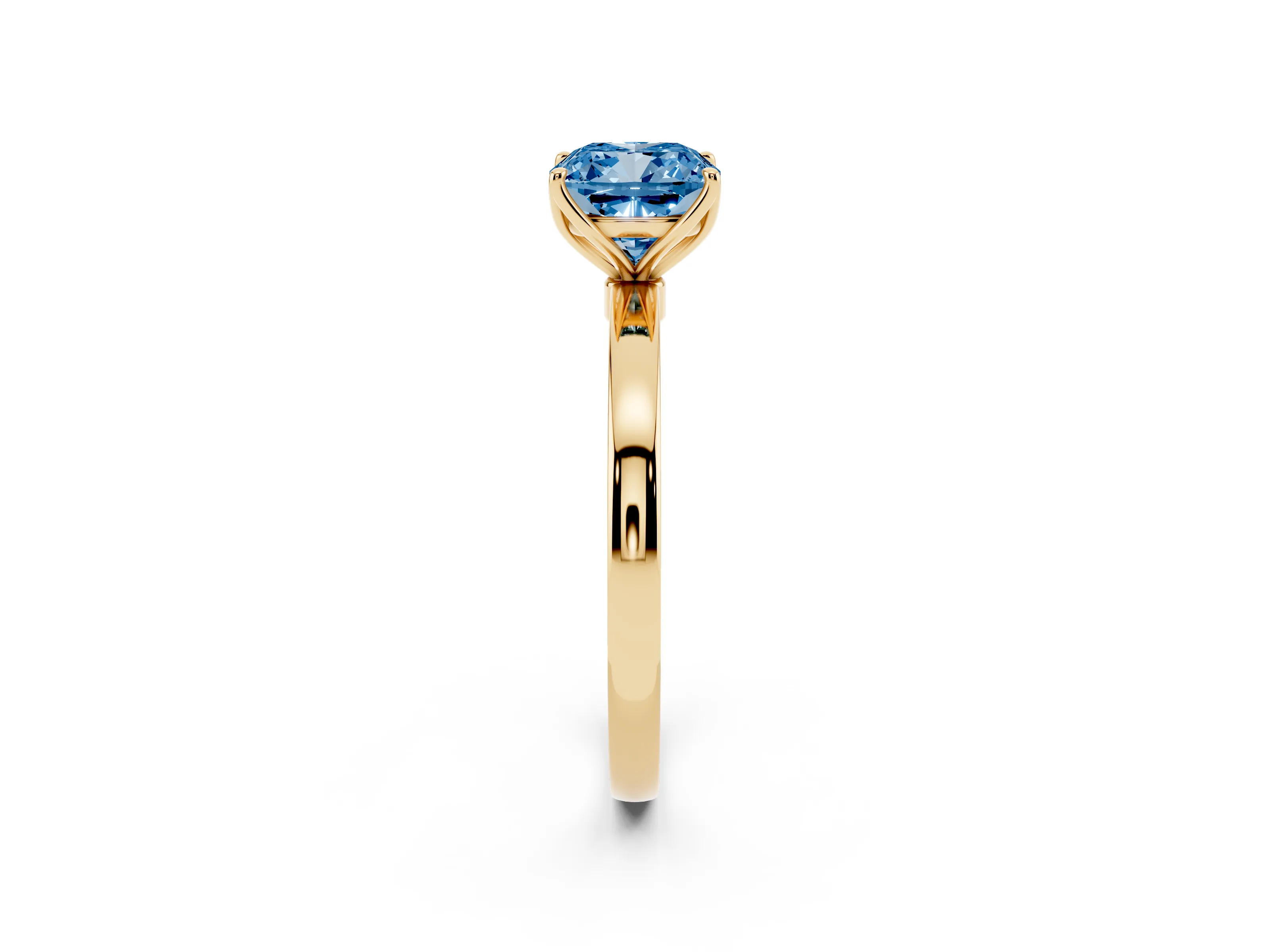 Fancy Blue Cushion Cut Diamond Solitaire Ring Set in Yellow gold with Prong Setting and Thin Polished Band