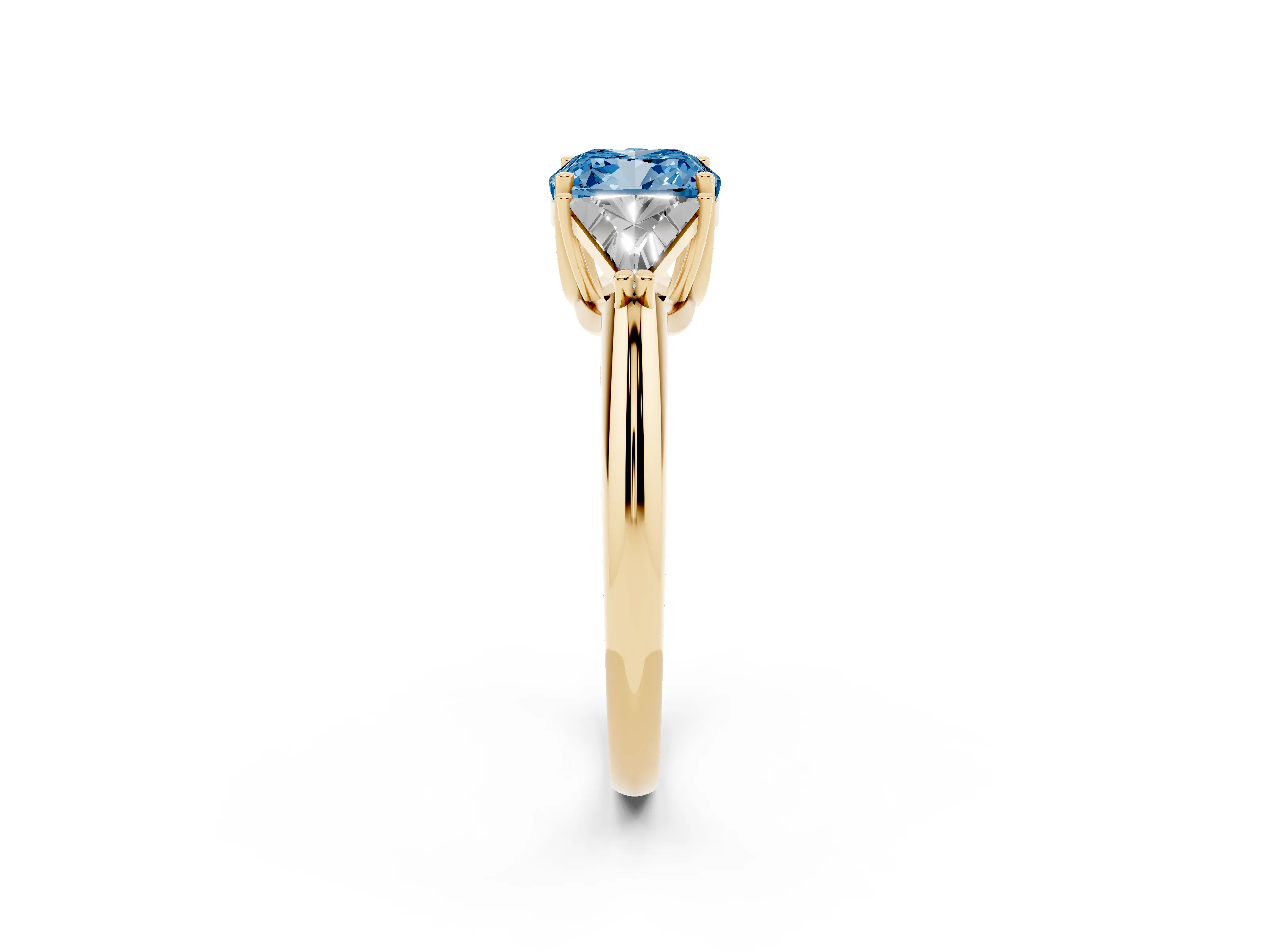 Fancy Blue Cushion Cut Diamond Three-Stone Engagement Ring Set in Yellow gold with Trillion Side Stones