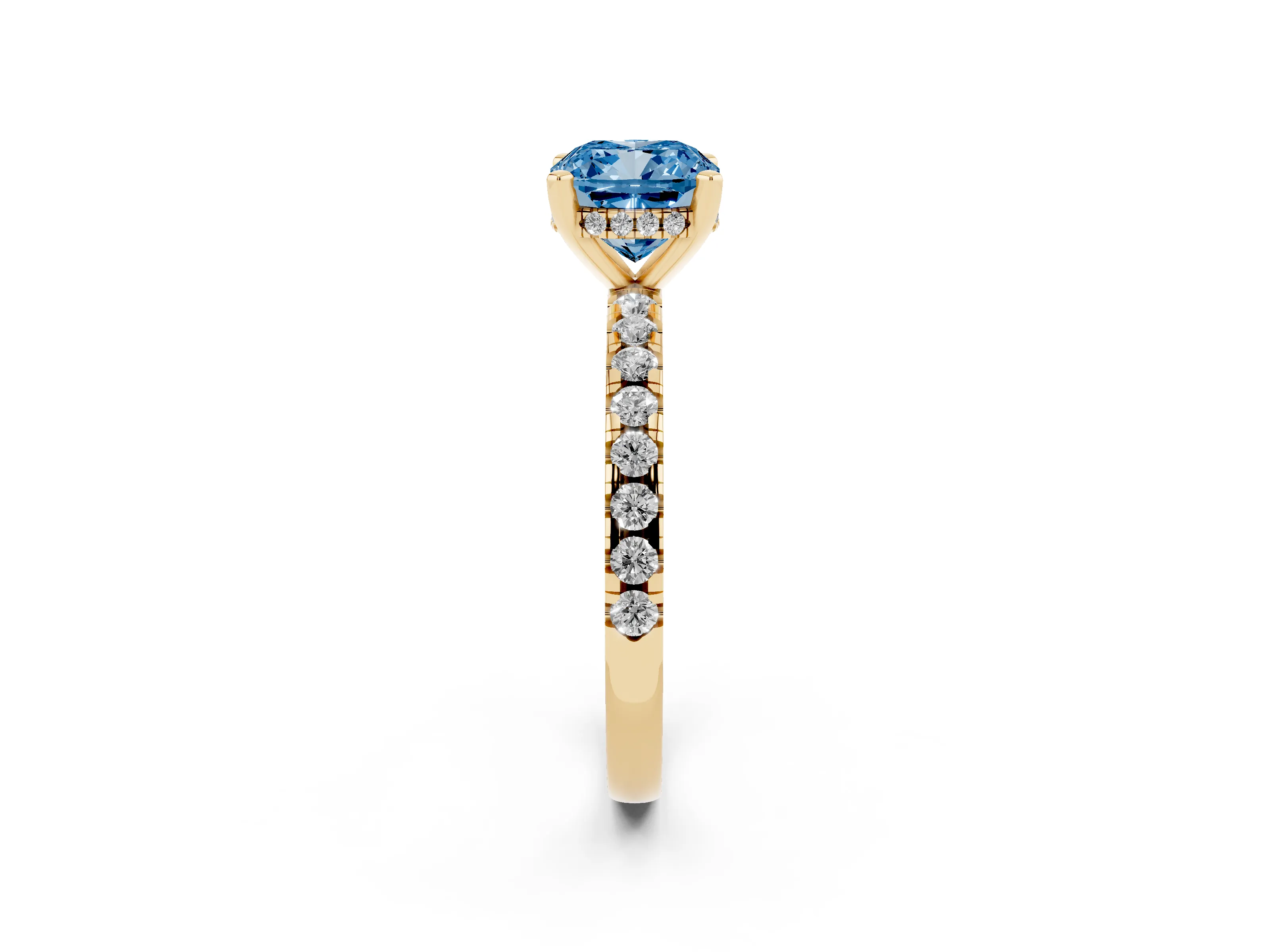 Fancy Blue Cushion Cut Diamond Pavé Solitaire Ring Set in Yellow gold with Round Band Accents and Prong Setting