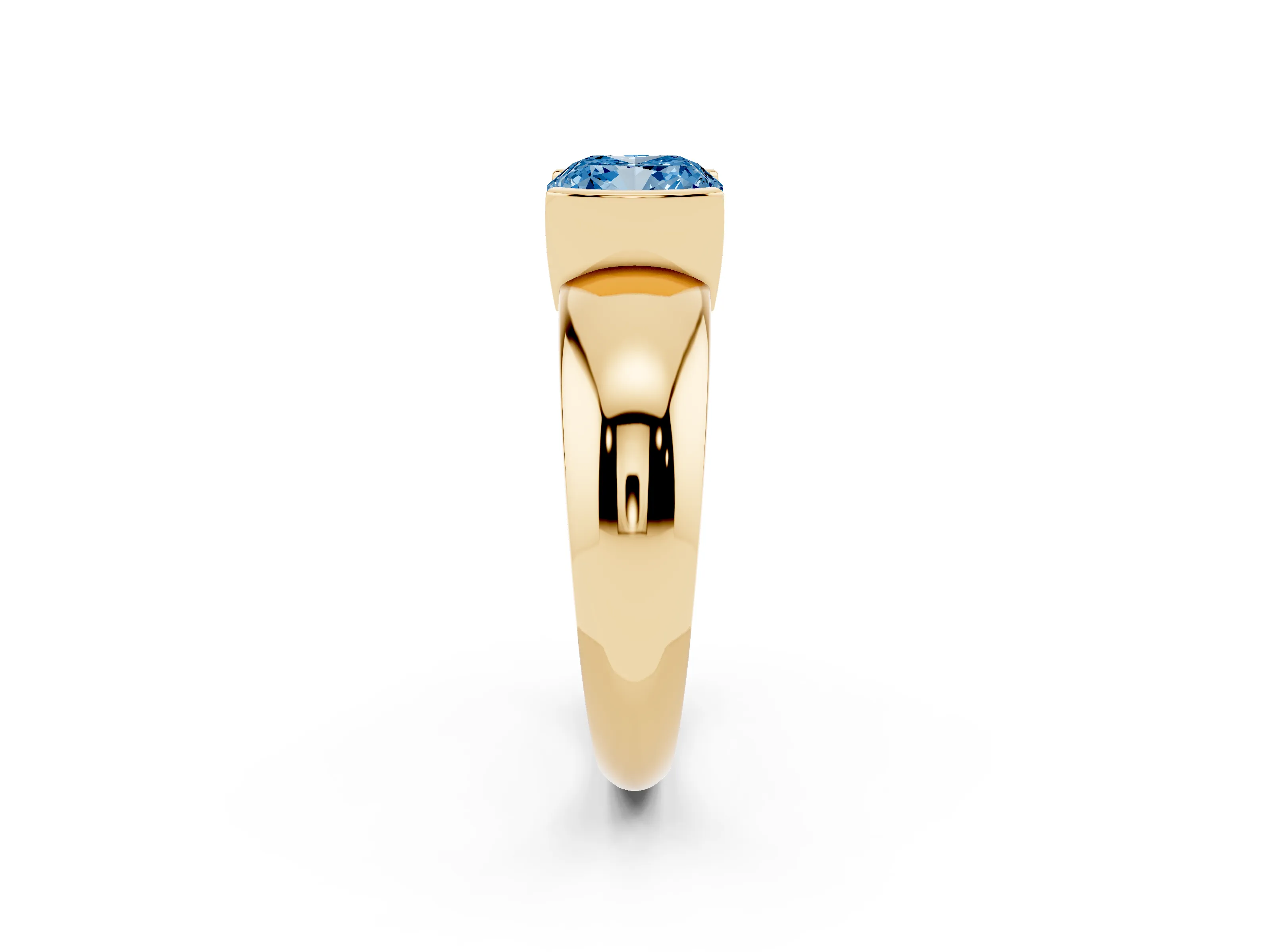 Fancy Blue Cushion Cut Diamond Solitaire Tension Set Ring Set in Yellow gold with Wide Band