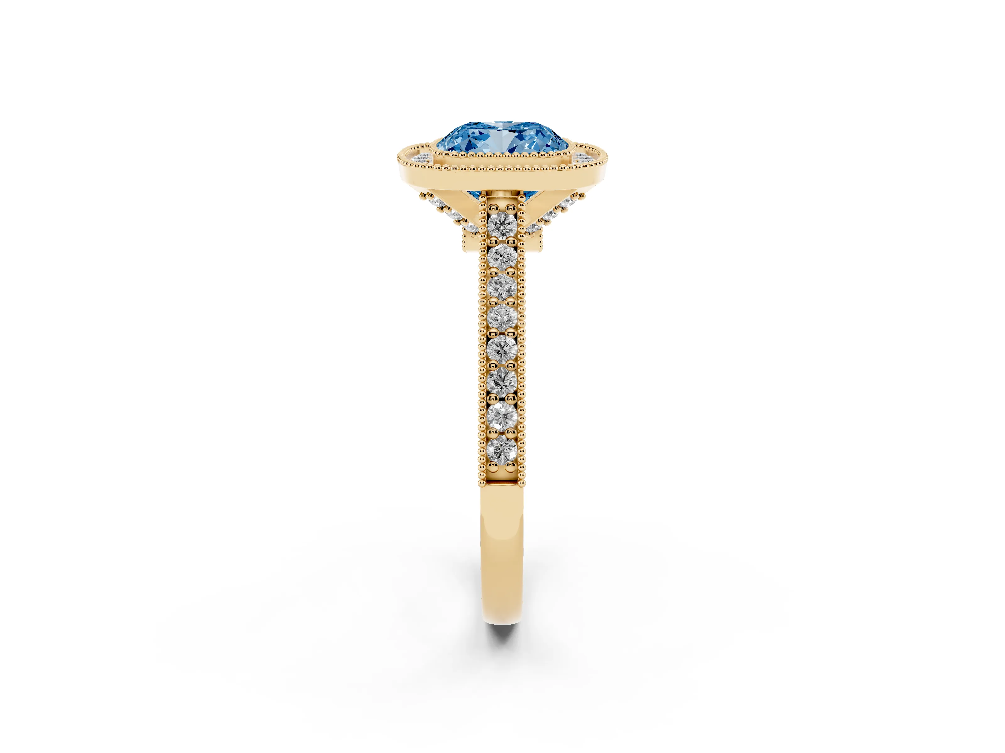Fancy Blue Cushion Cut Diamond Halo Milgrain Pavé Band Ring Set in Yellow gold with Prong Setting