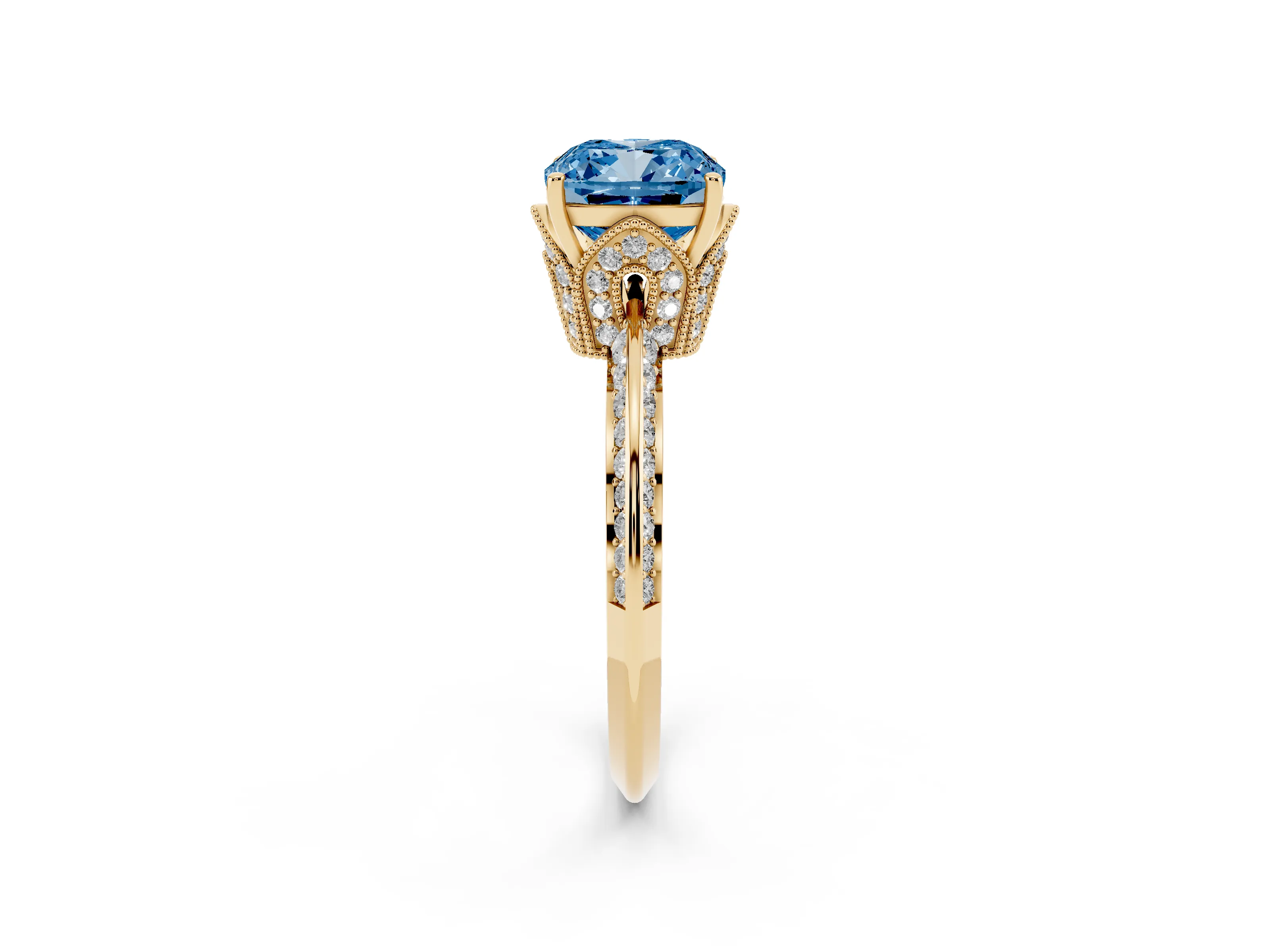 Fancy Blue Cushion Cut Diamond Solitaire Engagement Ring Set in Yellow gold with Pavé Split Shank and Prong Setting