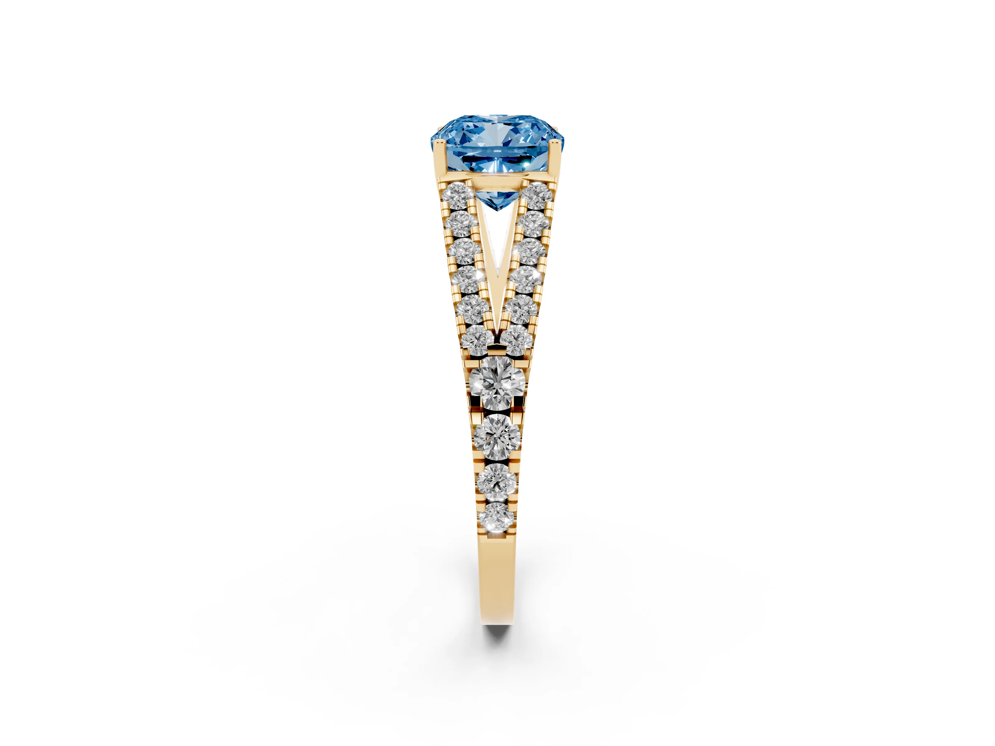 Fancy Blue Cushion Cut Diamond Split Shank Pavé Engagement Ring Set in Yellow gold with Prong-Held Center Stone