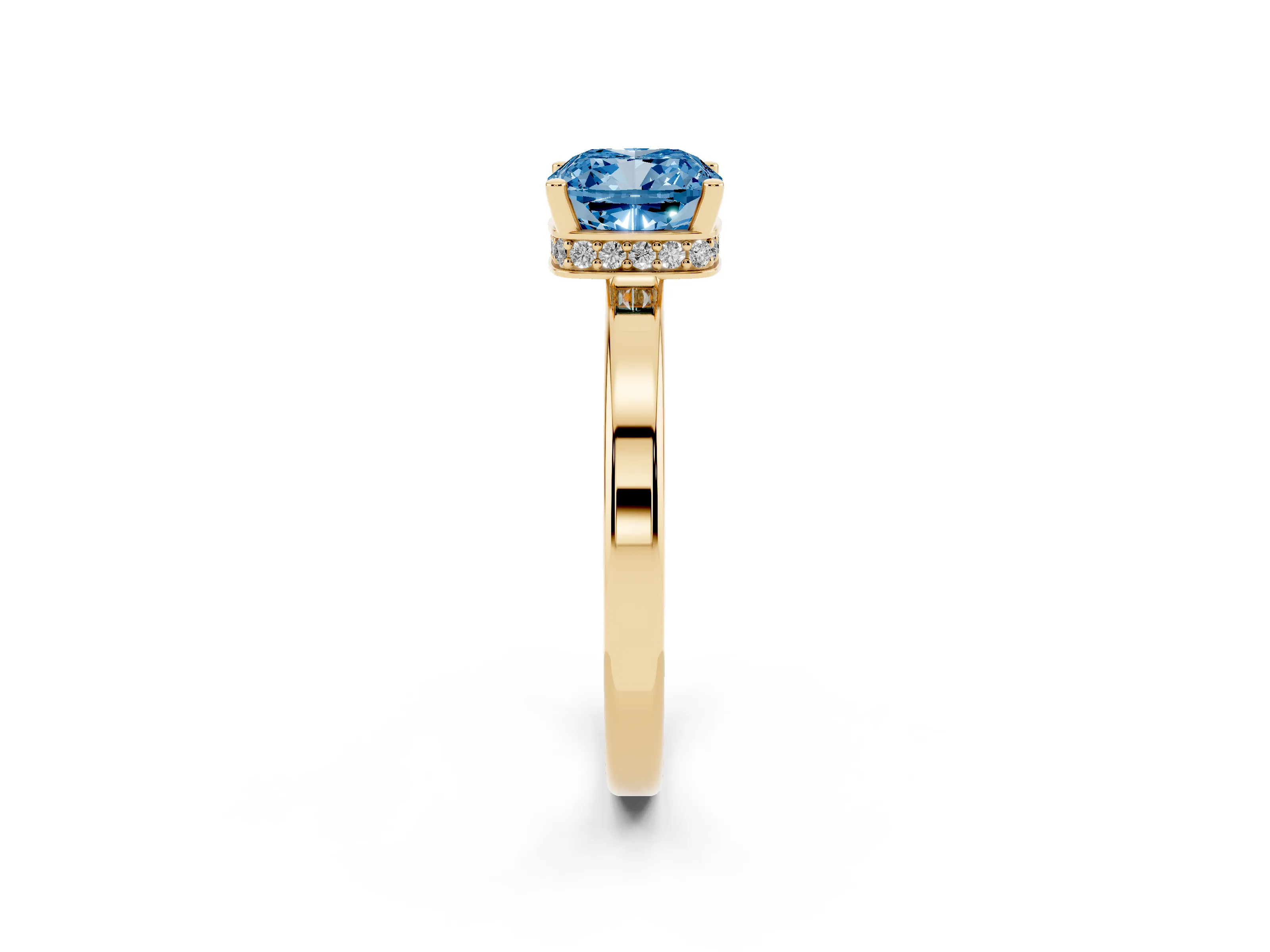 Fancy Blue Cushion Cut Diamond Solitaire Engagement Ring Set in Yellow gold with Prong Setting on a Plain Band