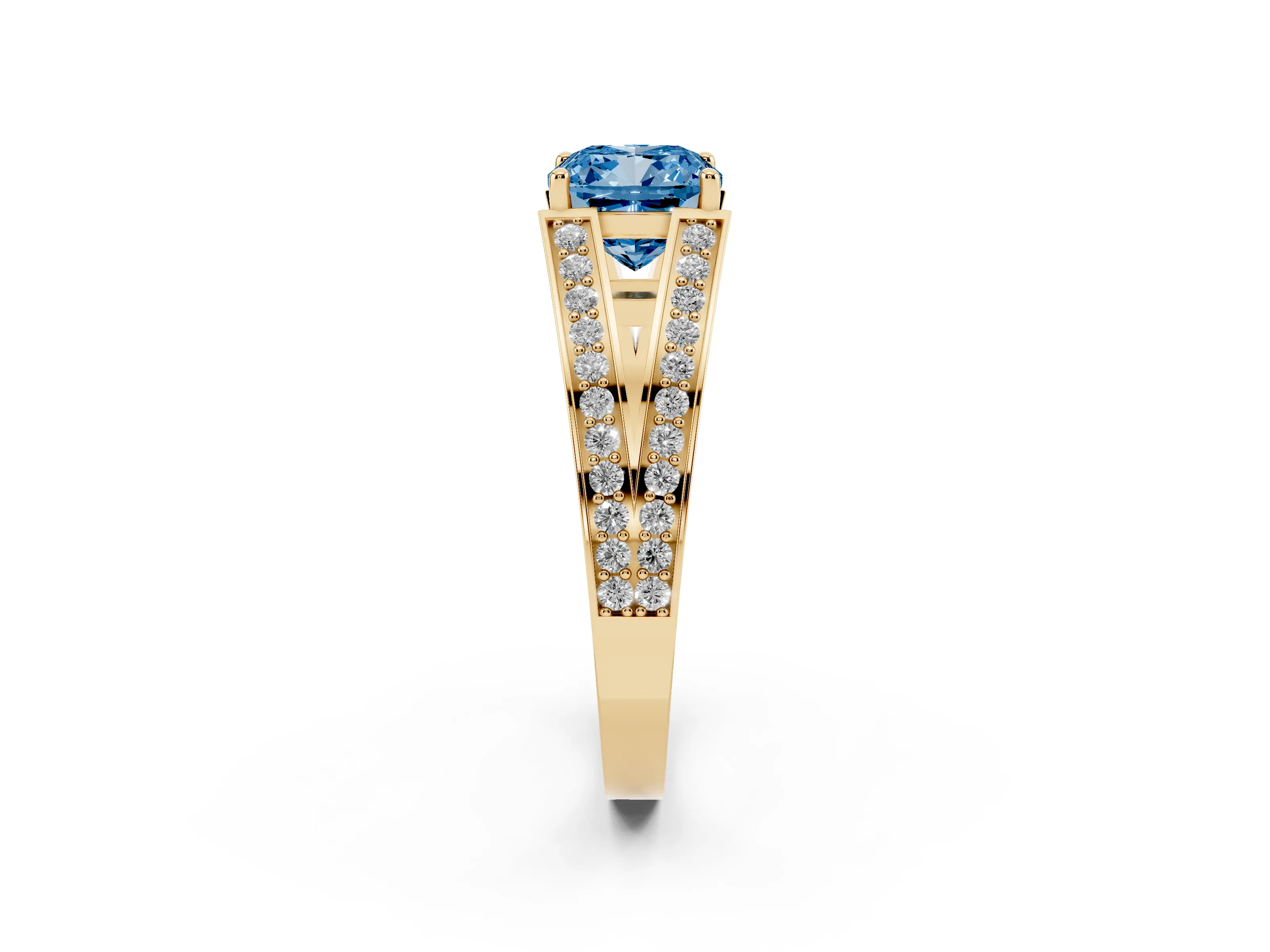 Fancy Blue Cushion Cut Diamond Split Shank Ring Set in Yellow gold with Pavé Band and Prong Setting