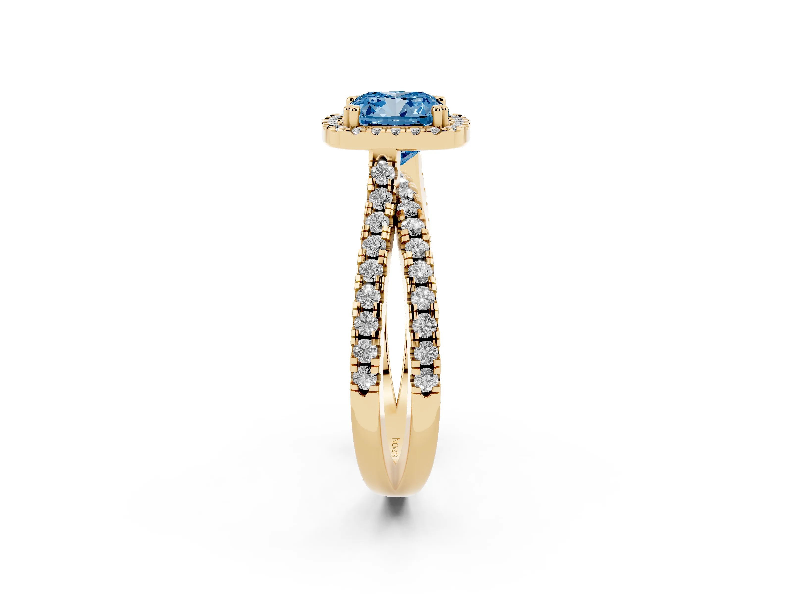 Fancy Blue Cushion Cut Diamond Halo Split Shank Ring Set in Yellow gold with Pavé Setting