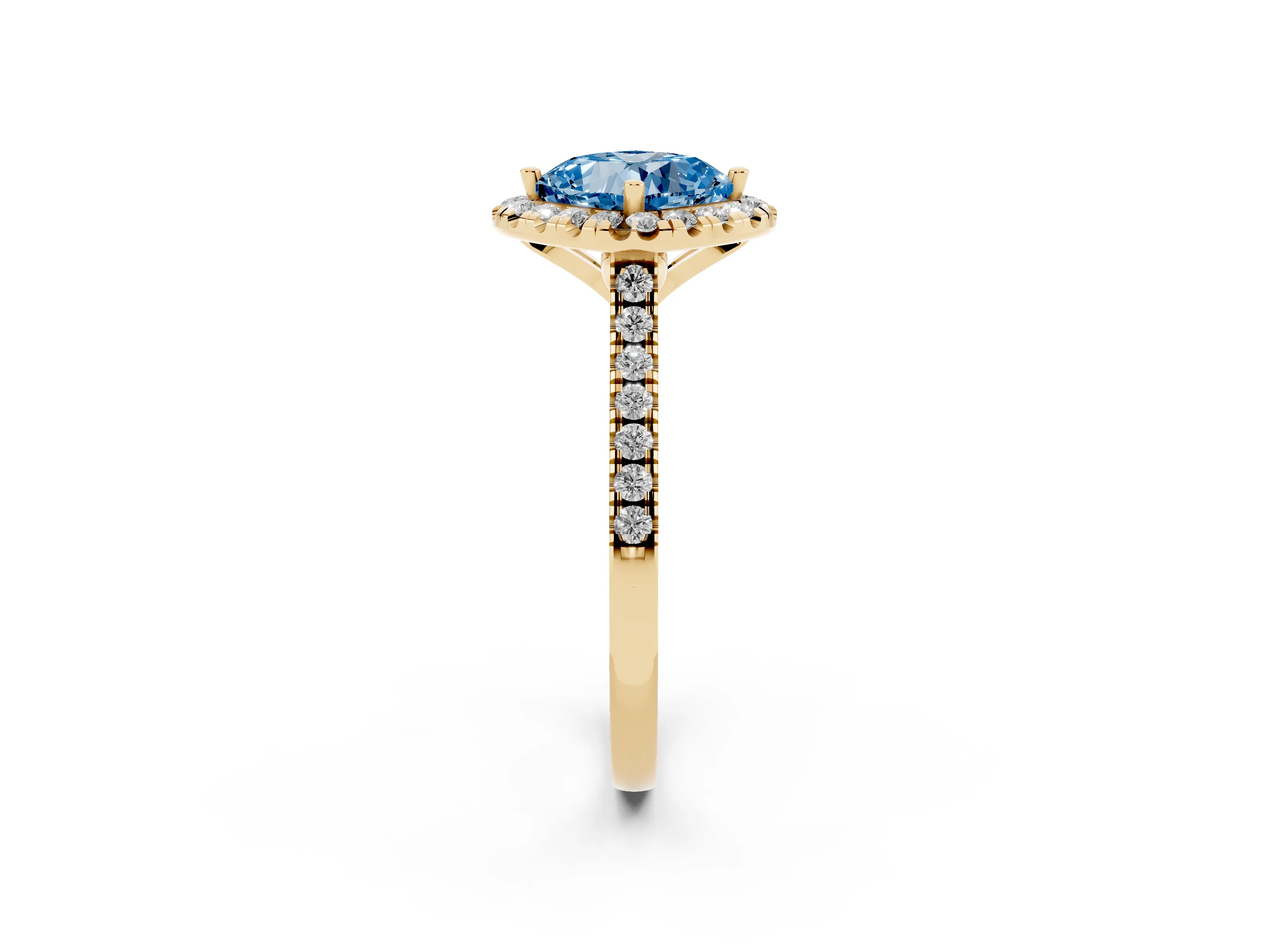 Fancy Blue Cushion Cut Diamond Cushion Halo Ring Set in Yellow gold with Pavé Band