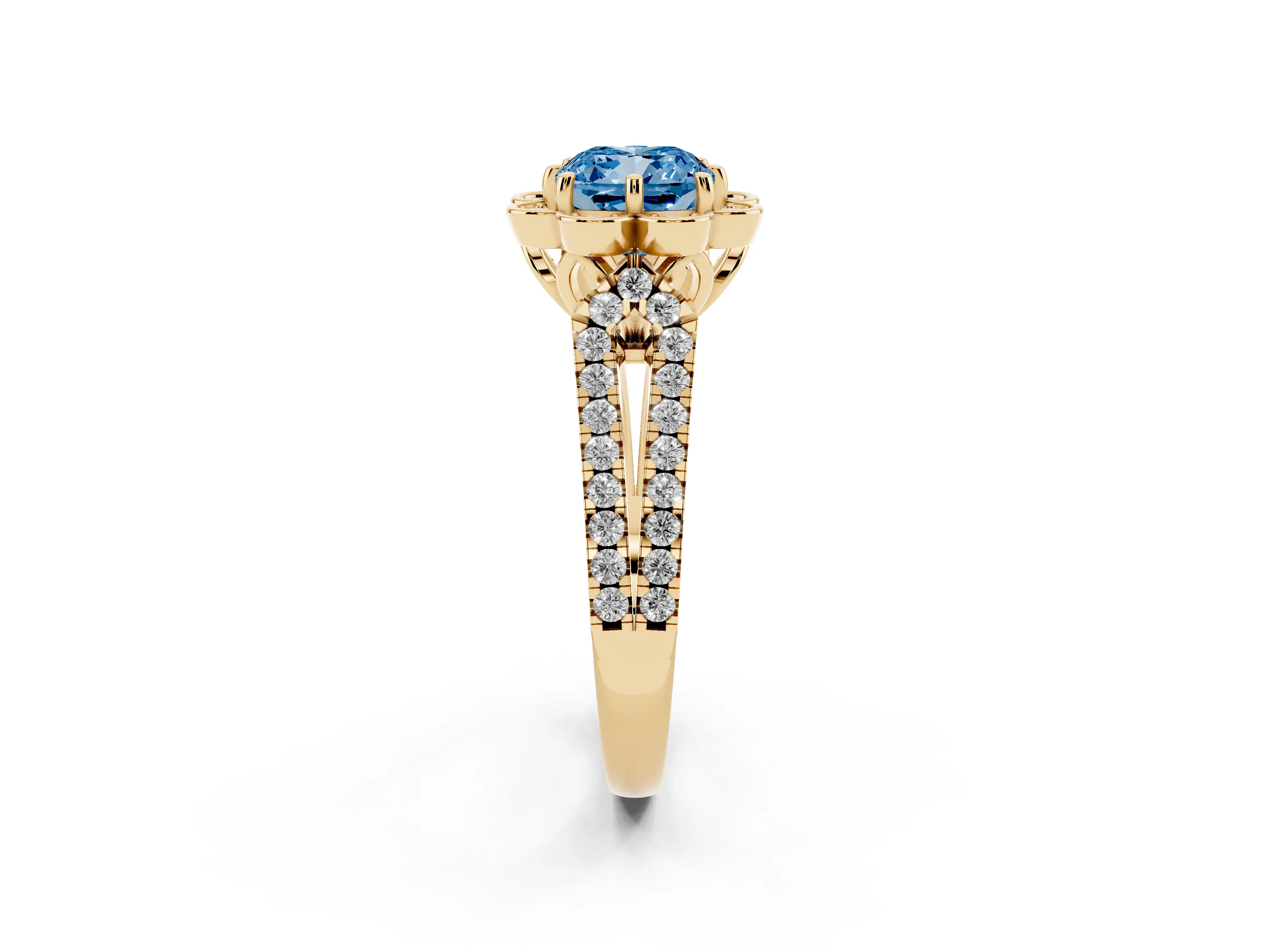 Fancy Blue Cushion Cut Diamond Floral Halo Split Shank Engagement Ring Set in Yellow gold with Pavé Shank