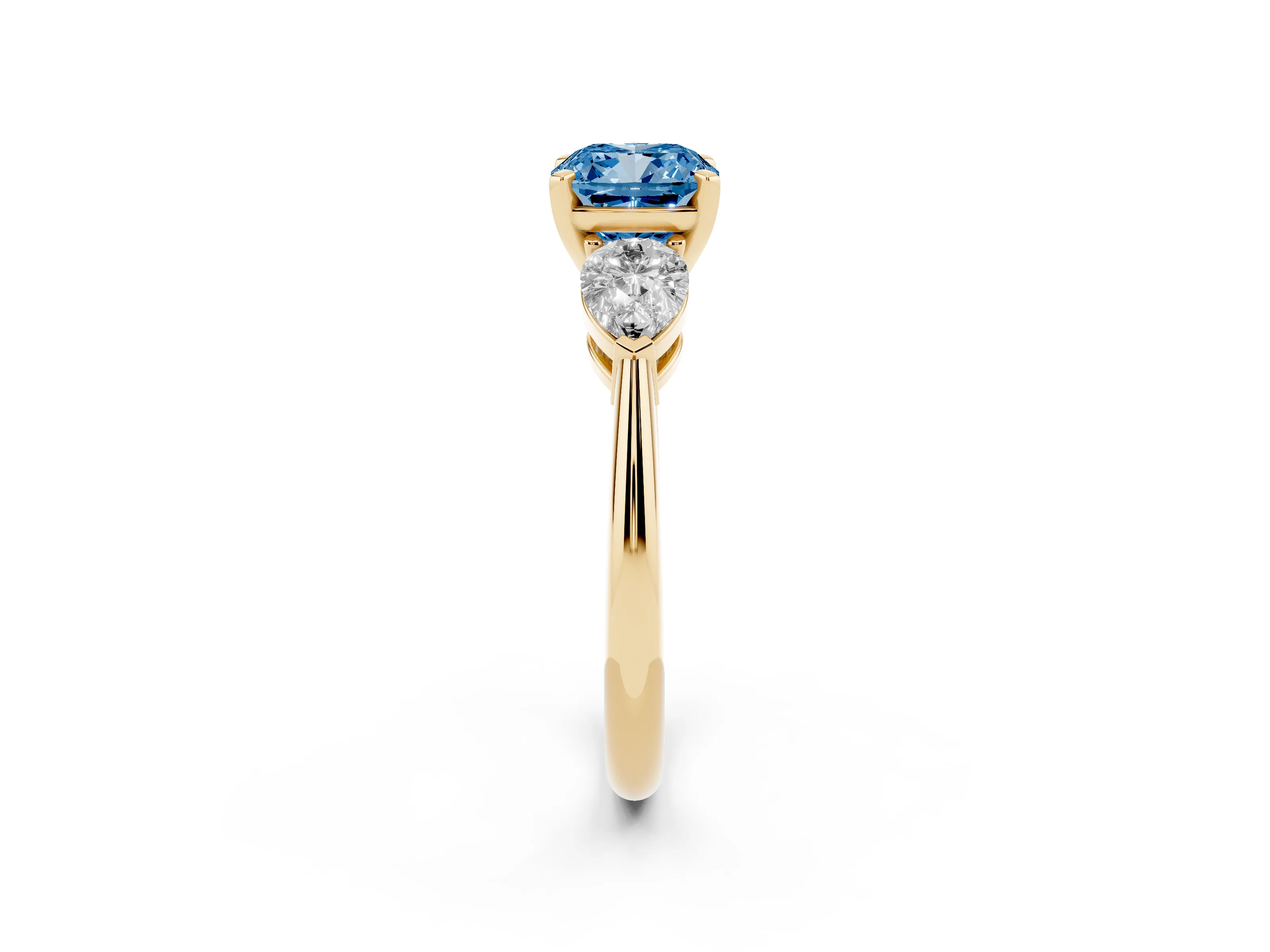 Fancy Blue Three-Stone Cushion Cut Diamond Ring Set in Yellow gold with Pear Side Stones and Prong Setting