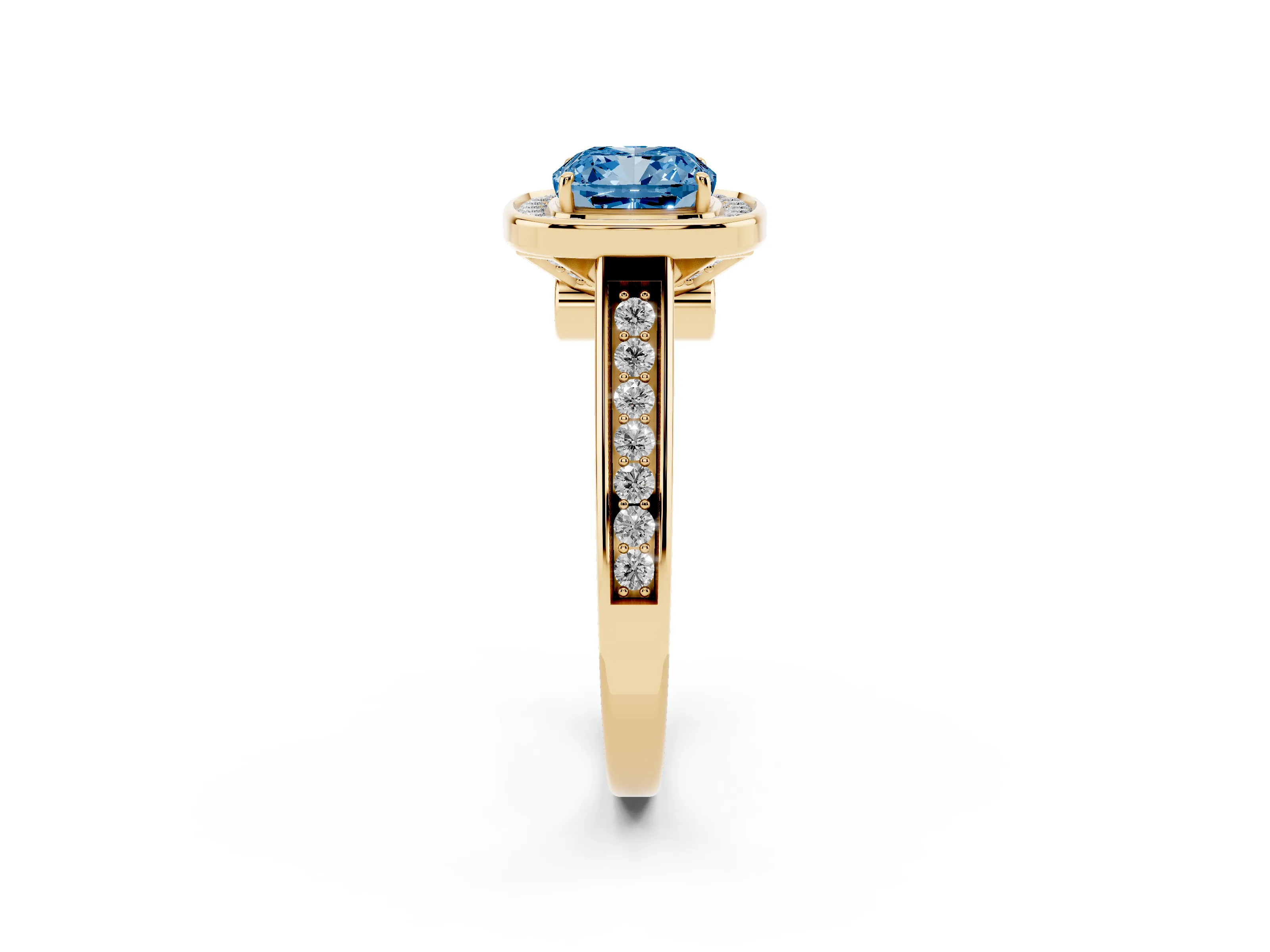 Fancy Blue Cushion Cut Diamond Halo Solitaire Ring Set in Yellow gold with Pavé Band and Bezel Setting
