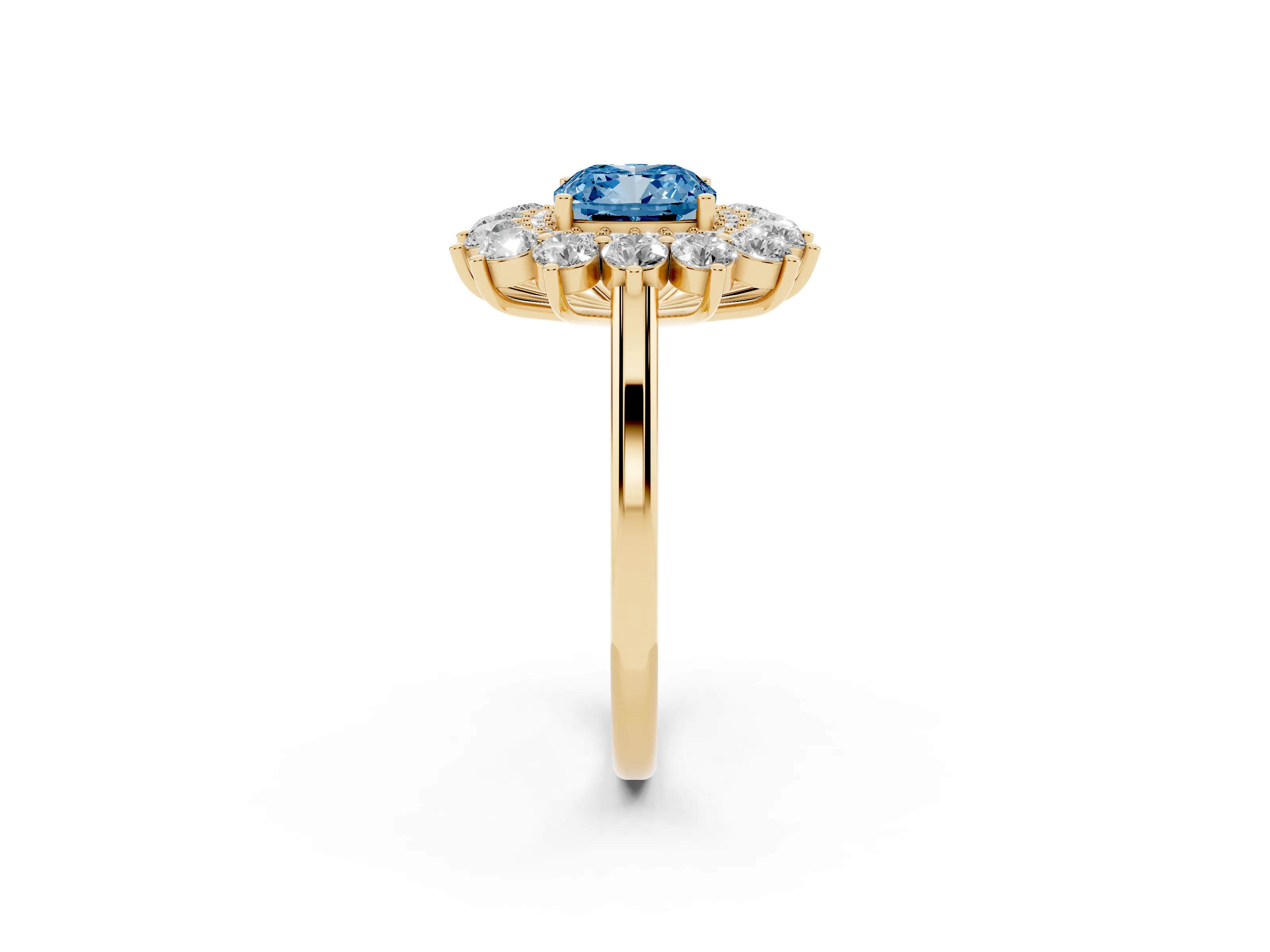 Fancy Blue Cushion Cut Diamond Floral Double Halo Ring Set in Yellow gold with Round Petals