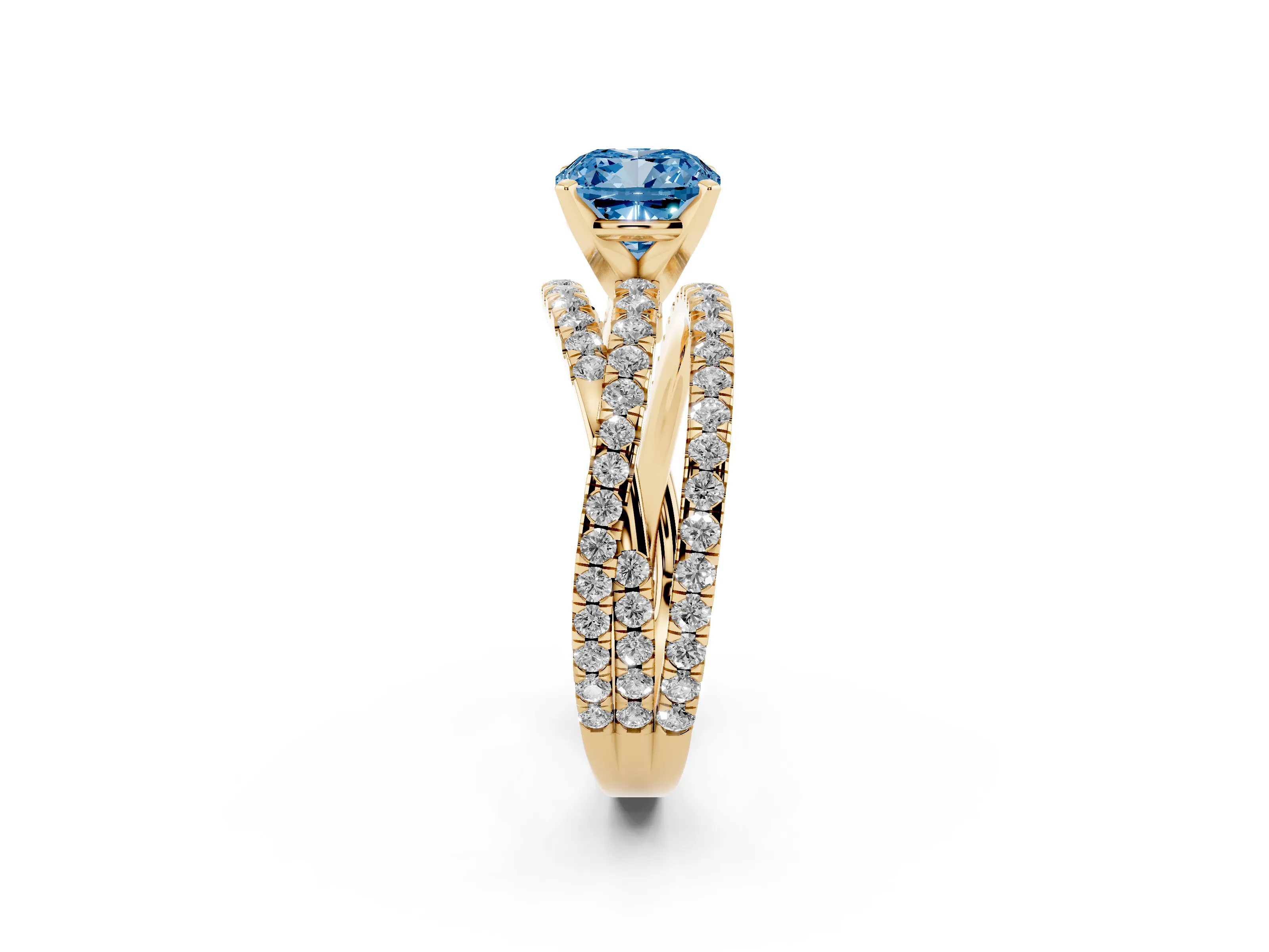 Fancy Blue Cushion Cut Diamond Solitaire Twist Band Ring Set in Yellow gold with Pavé Setting and Prong Head