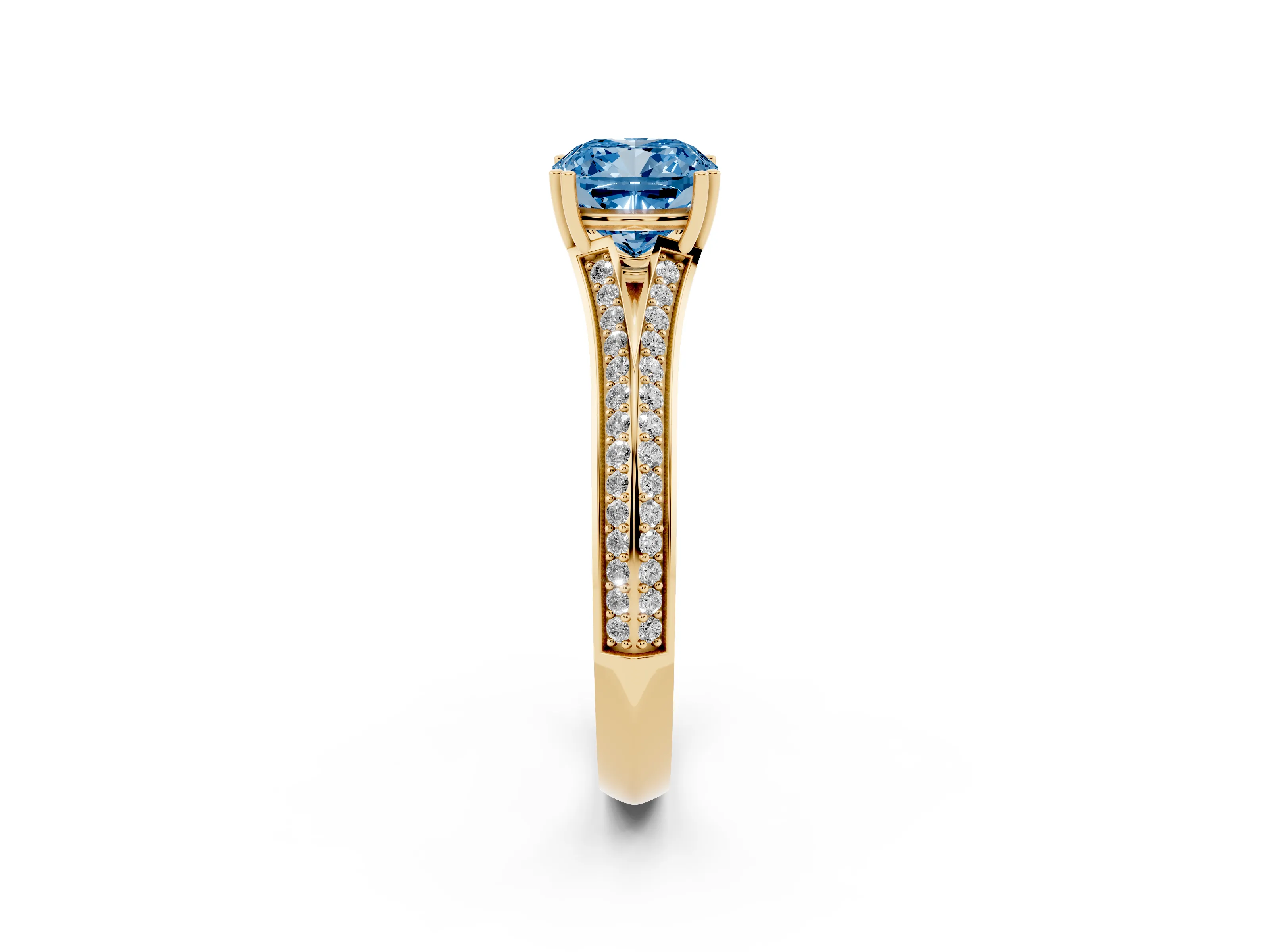 Fancy Blue Cushion Cut Diamond Split Shank Pavé Engagement Ring Set in Yellow gold with Prong-Set Center Stone
