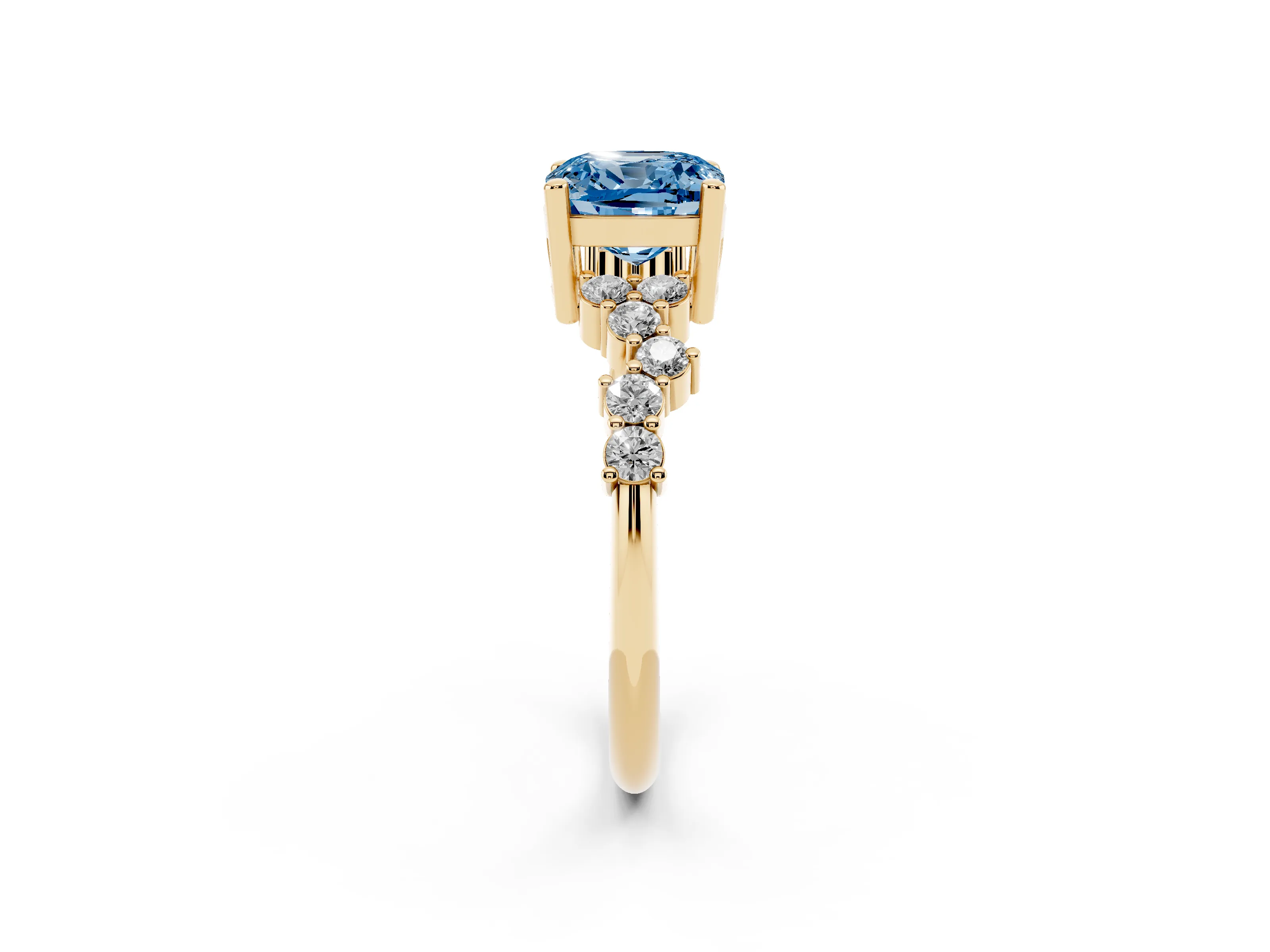 Fancy Blue Cushion Cut Diamond Ring Set in Yellow gold with Scattered Round Accents