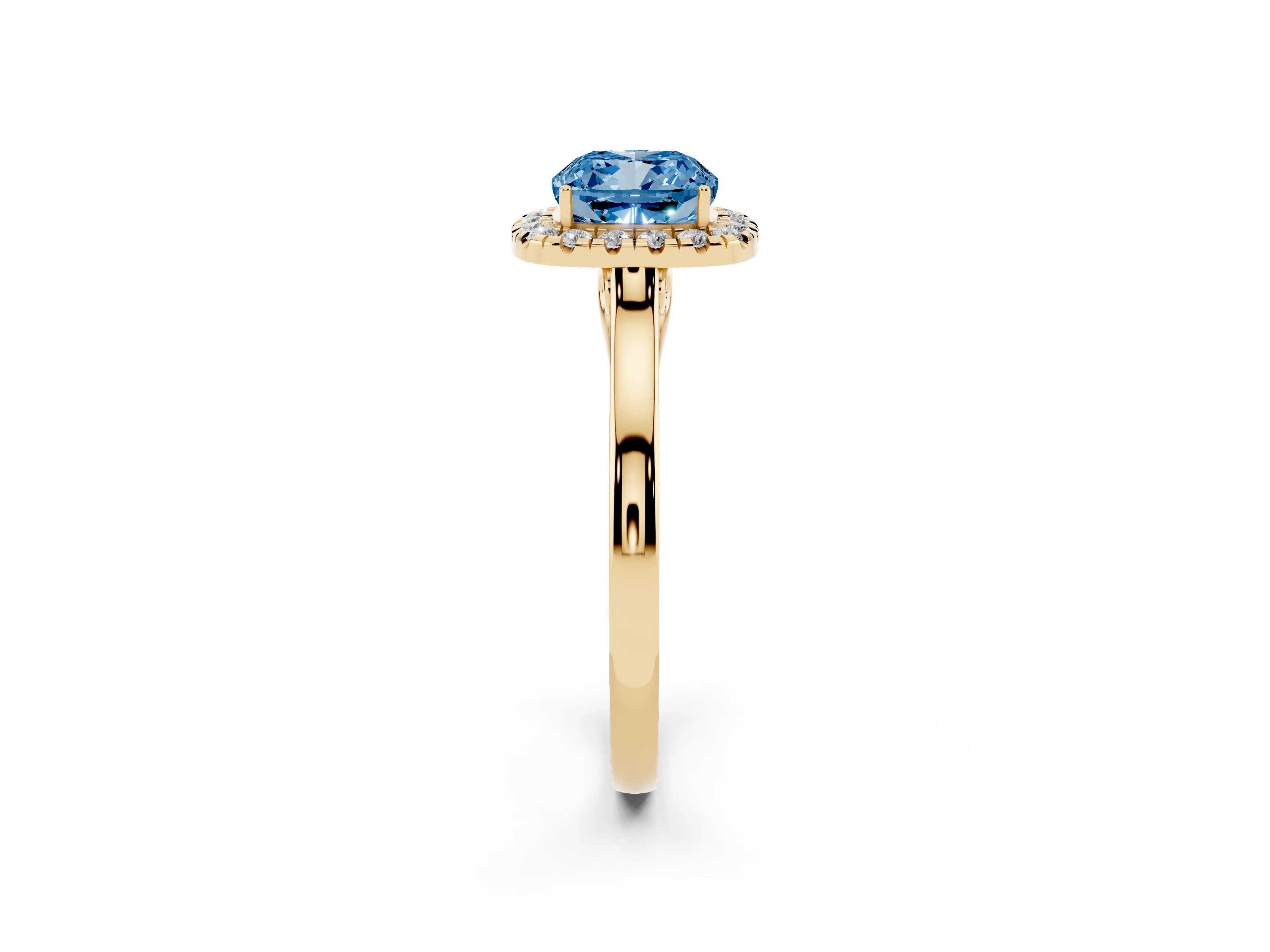 Fancy Blue Cushion Cut Halo Round Diamond Solitaire Ring Set in Yellow gold with Pavé Band and Prong Setting